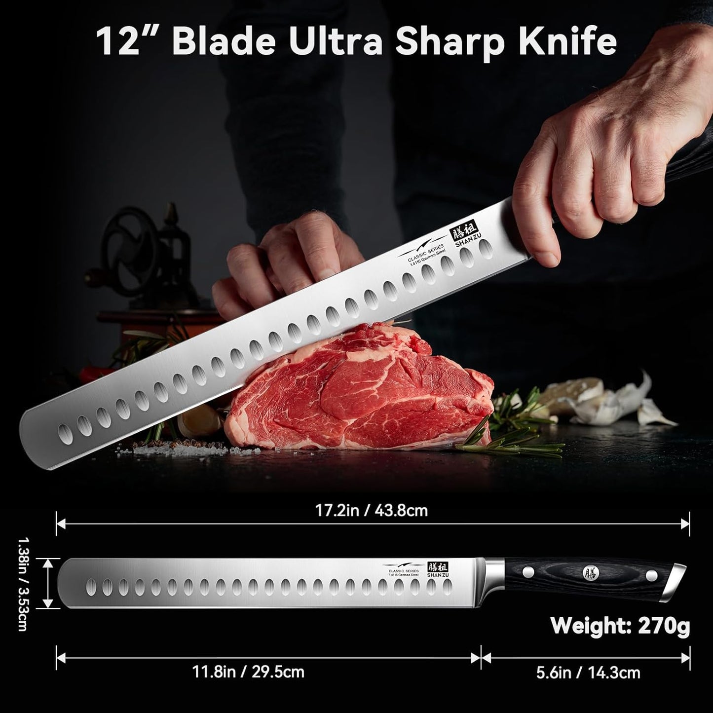 SHAN ZU 12" Brisket Slicing Knife - Carving Slicing Meat Knife Professional German 1.4116 Stainless Steel Razor Sharp Blade, Ergonomic Wood Handle & Full Tang Design, Gift Box Included