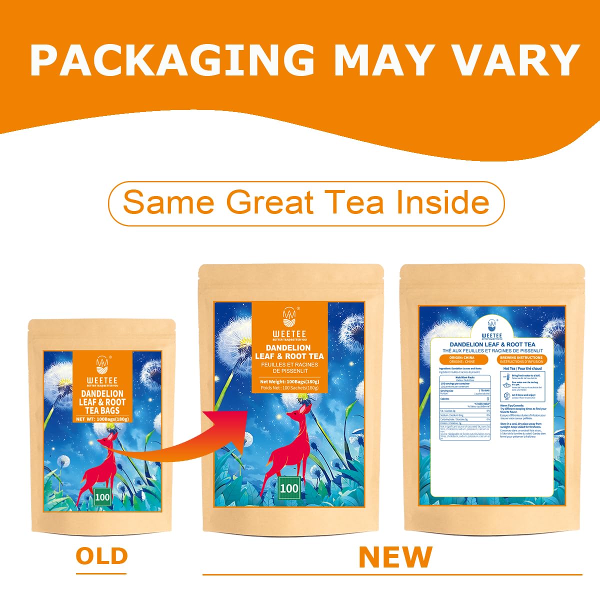 WT WEETEE Dandelion Leaf & Root Tea Bags, 100% Pure Dandelion Leaf and Roasted Dandelion Root Blend, Natural Caffeine-free Herbal Tea 2g x 100 Counts