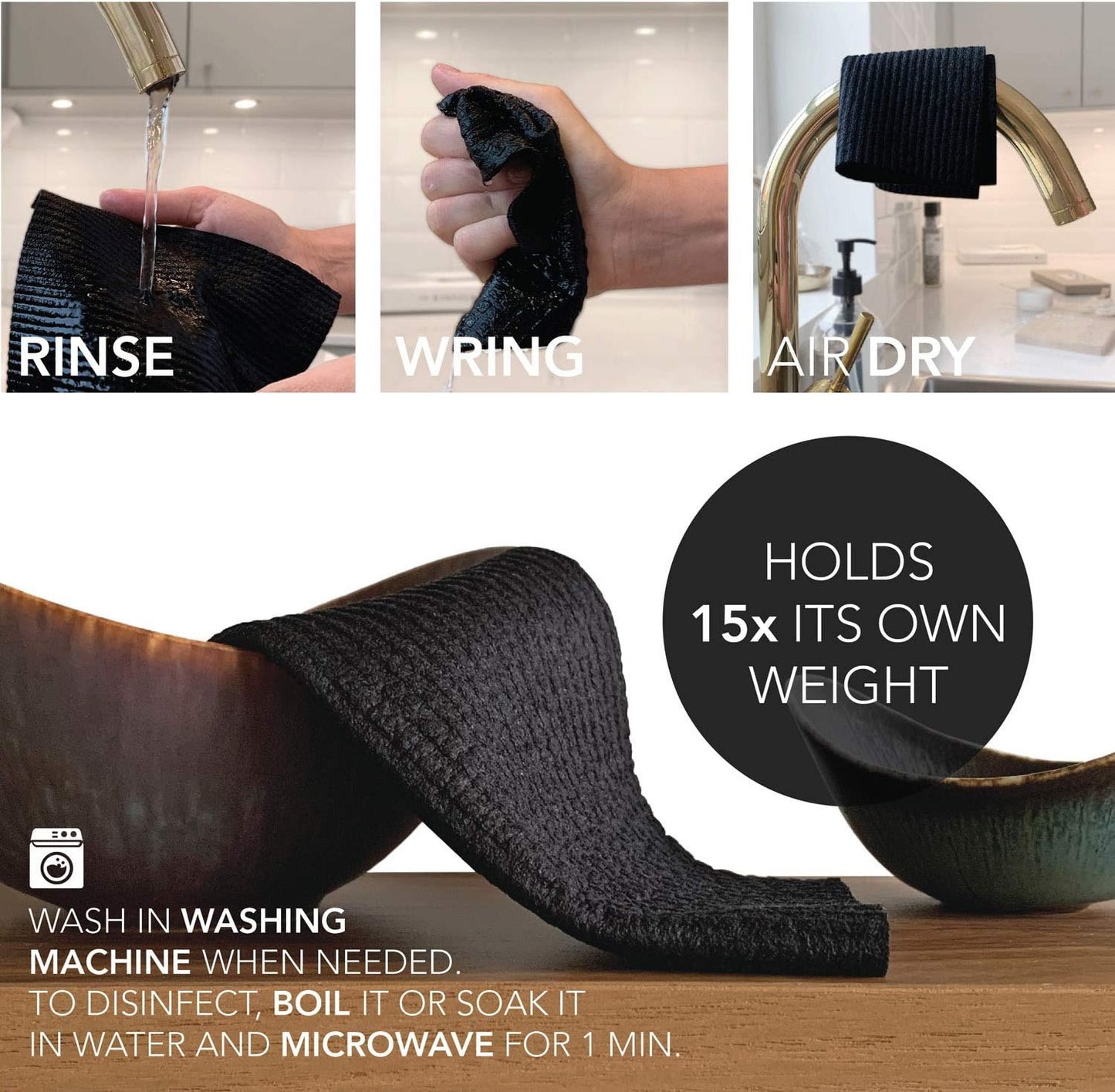 Black Swedish Dishcloths for Kitchen - Set of 3 Swedish Dish Cloths | Swedish Dish Towels Made in Sweden | Reusable, Compostable Black Dishcloths for Kitchen