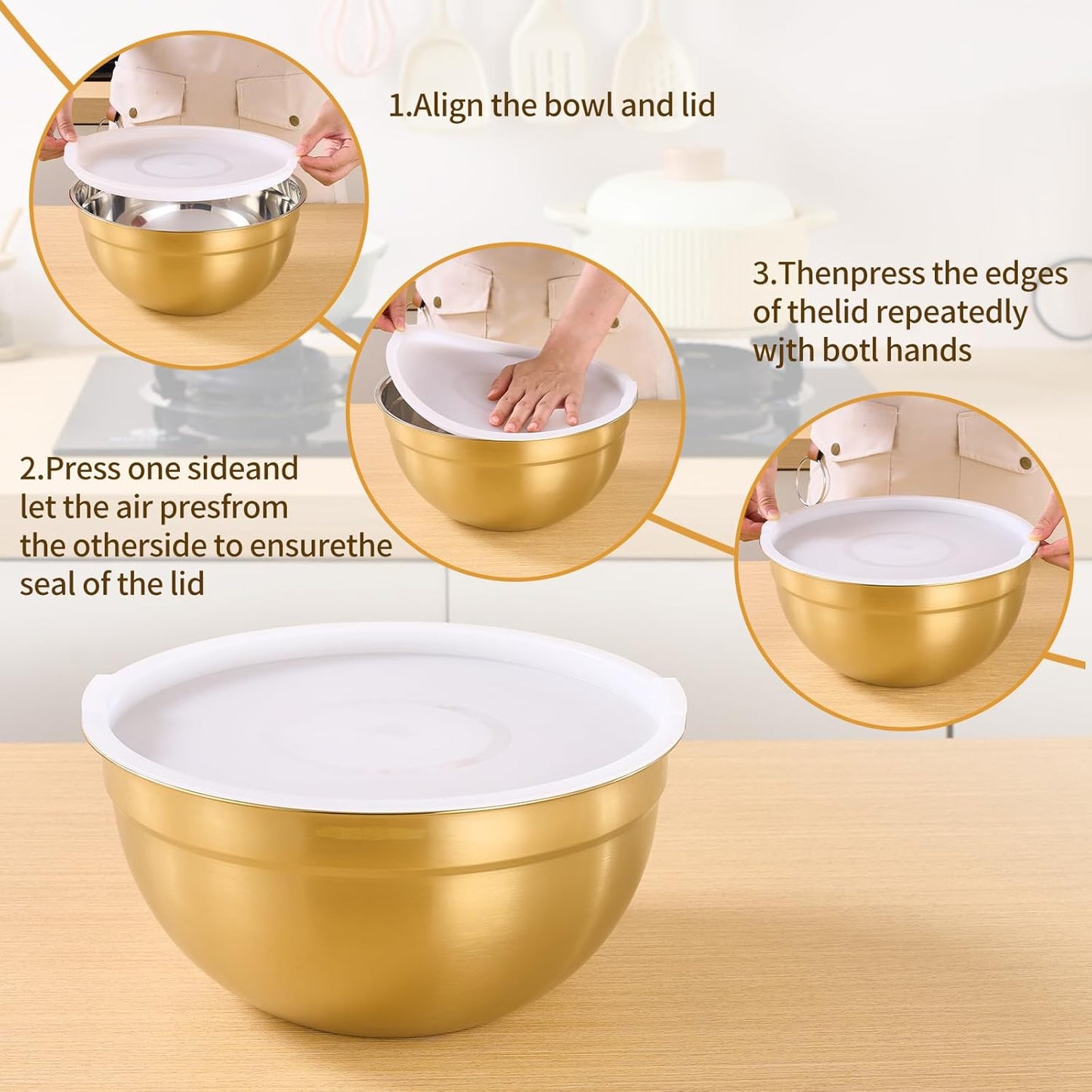 Gold Mixing Bowls With Airtight Lids,Stainless Steel Bowl,Salad Bowls 5 Piece Colorful Nesting Bowl Gold Kitchen Accessories,Size 5.5,3.6,2.7,2.1,1.5QT Stackable Design