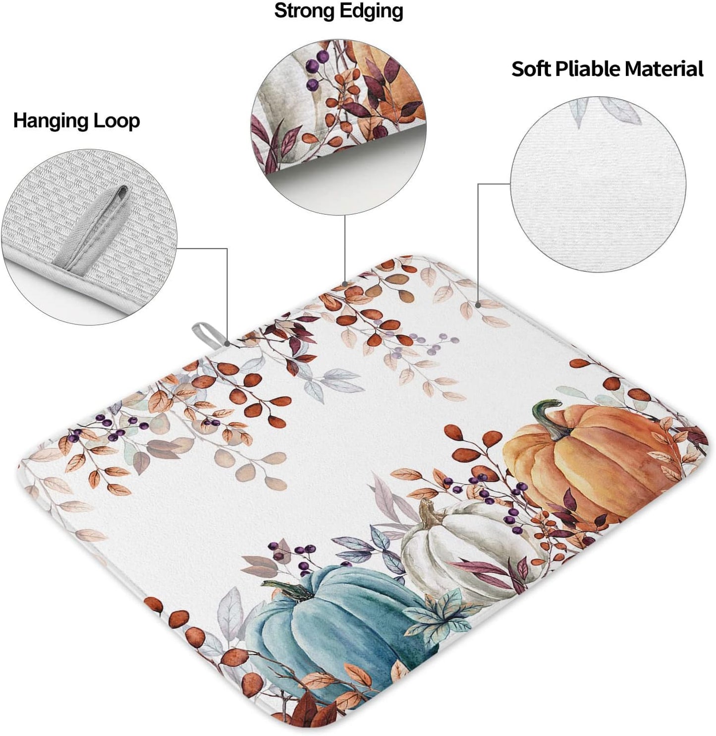 Fall Dish Drying Mat for Kitchen Counter Pumpkin Drying Pad Absorbent Drying Mats for Countertops Sinks Draining Racks Autumn Eucalyptus Leaves Drainer Holiday Harvest Thanksgiving Decorations 18x24