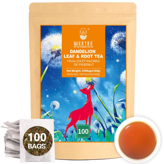 WT WEETEE Dandelion Leaf & Root Tea Bags, 100% Pure Dandelion Leaf and Roasted Dandelion Root Blend, Natural Caffeine-free Herbal Tea 2g x 100 Counts