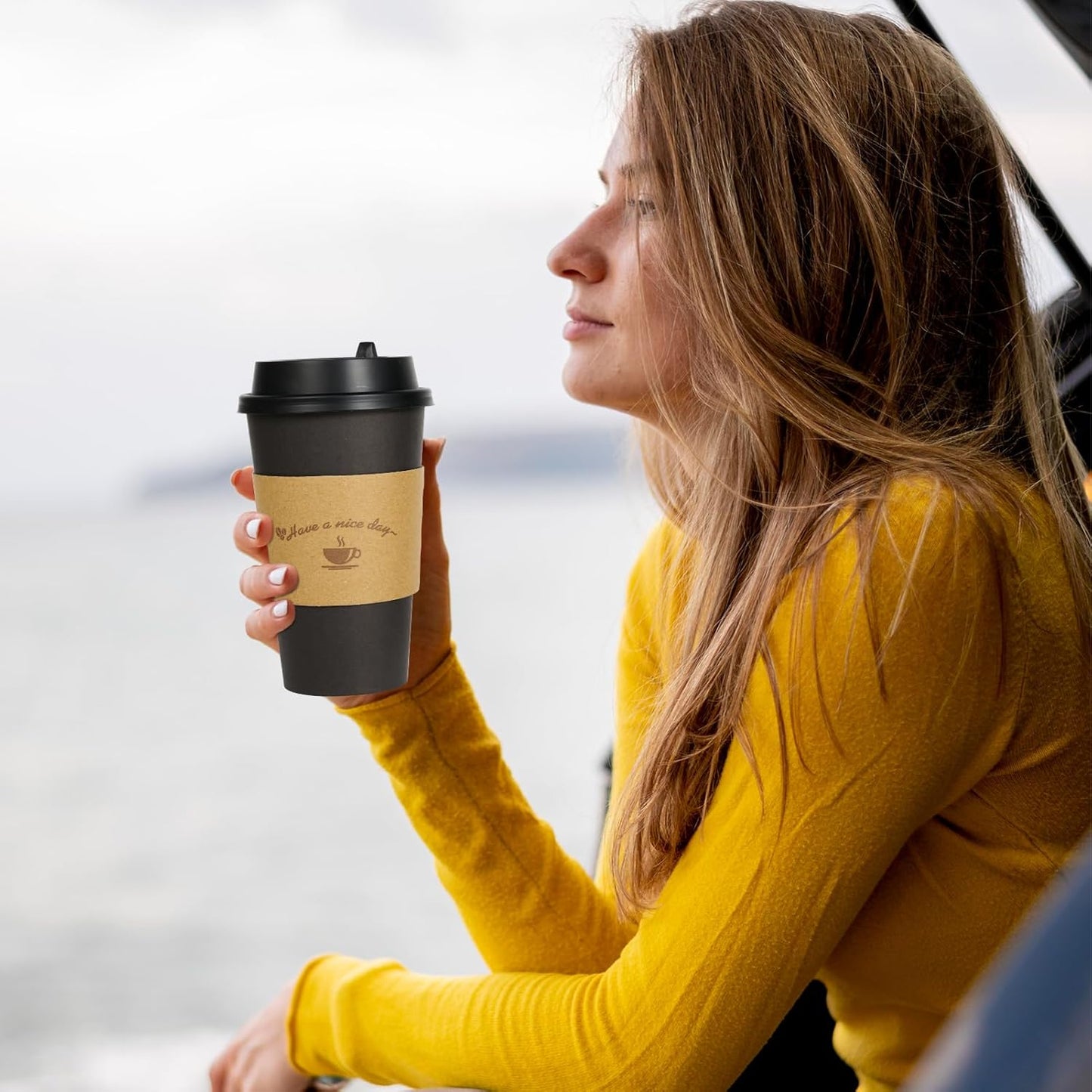 LITOPAK 500 Pack 16 oz Disposable Coffee Cup with Lids, Sleeves, and Stirring Sticks, Black Hot Paper Coffee Cups for Home, Travel, Office, Party