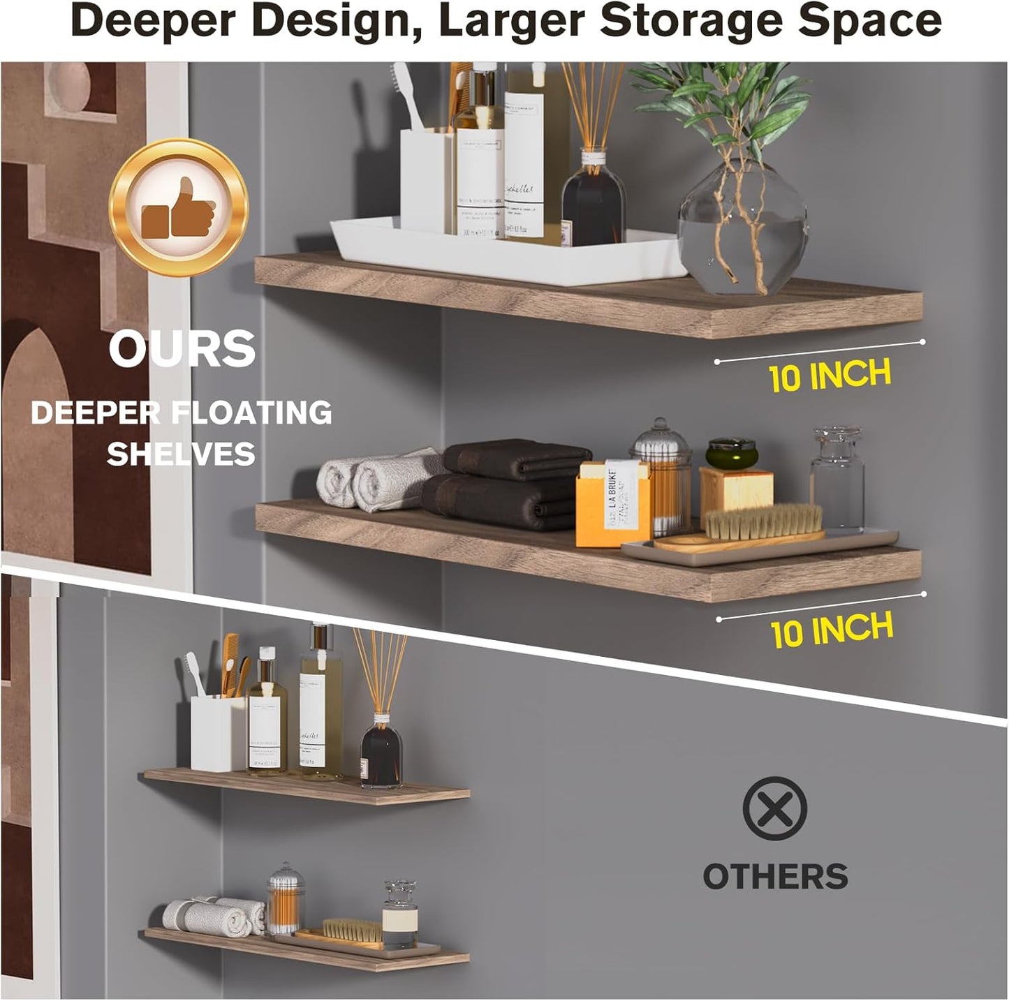 Wall Shelf Set of 1, Walnut Floating Shelves 30 in W x 10 in D x 1 in H, Wooden Floating Wall Shelf with Invisible Brackets for Living Room/Bedroom/Bathroom/Kitchen Storage and Decor