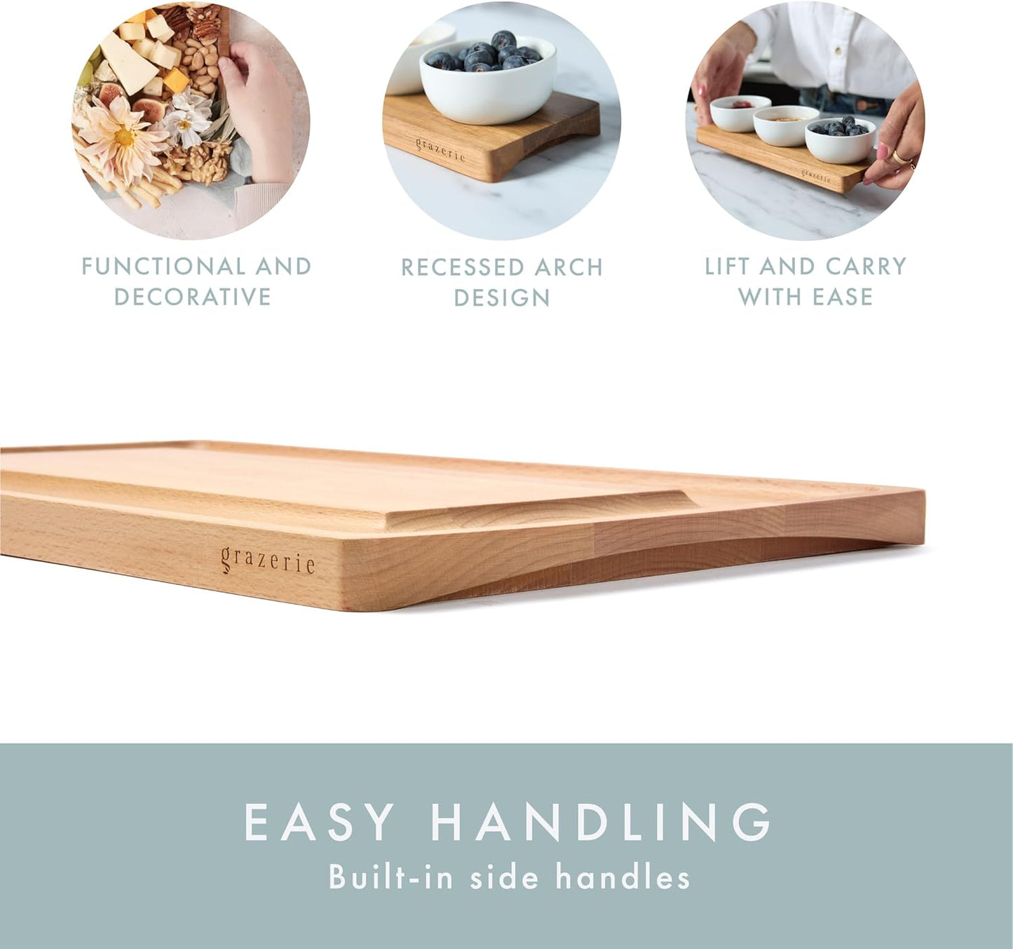 Charcuterie Board - Cheese Board with Grooves & Built-in Handles, Snack Tray for Vegetables, Fruits, Meat, Nuts - Decorative Wooden Serving Tray for Kitchen House Warming Gift