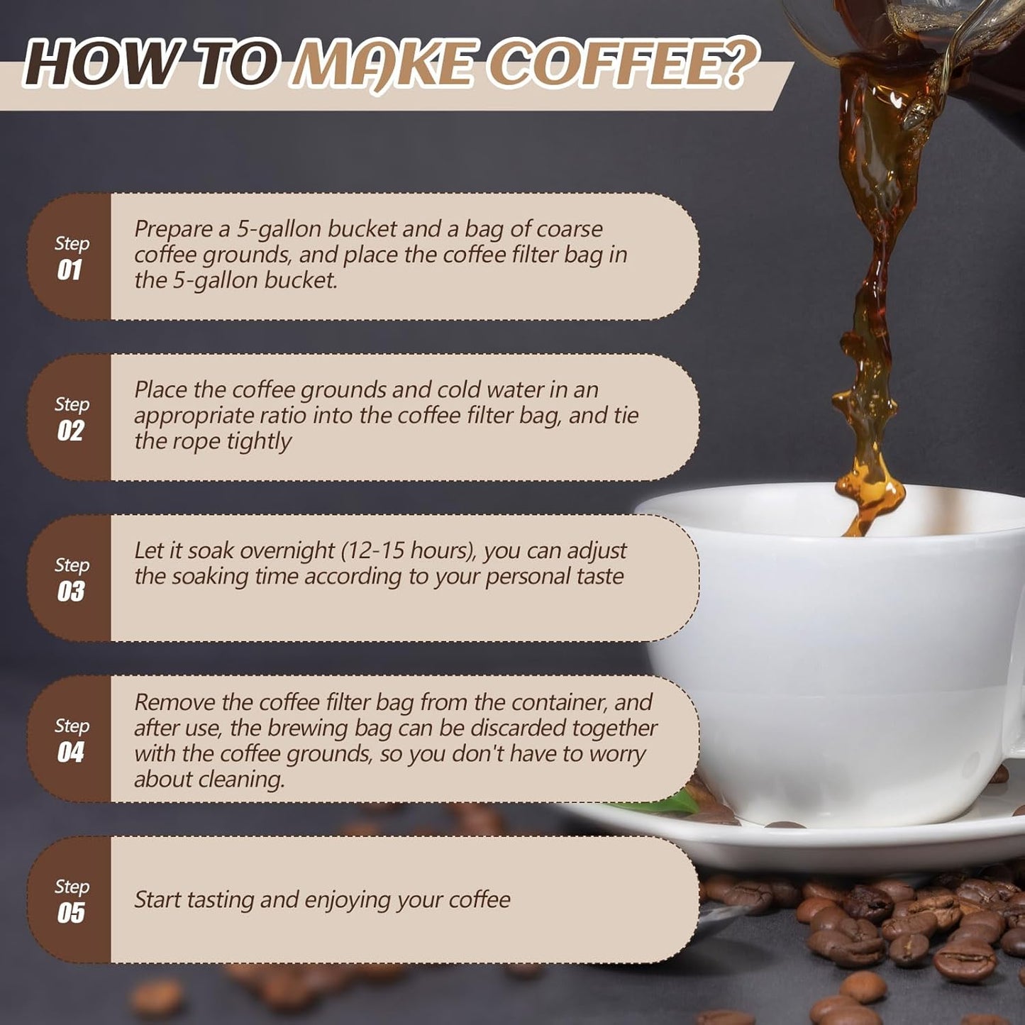 100 Pcs 20" x 20" Commercial Home Cold Brew Coffee Filter Bags with Drawstring, Disposable for Commercial Home Cold Brew Coffee Makers