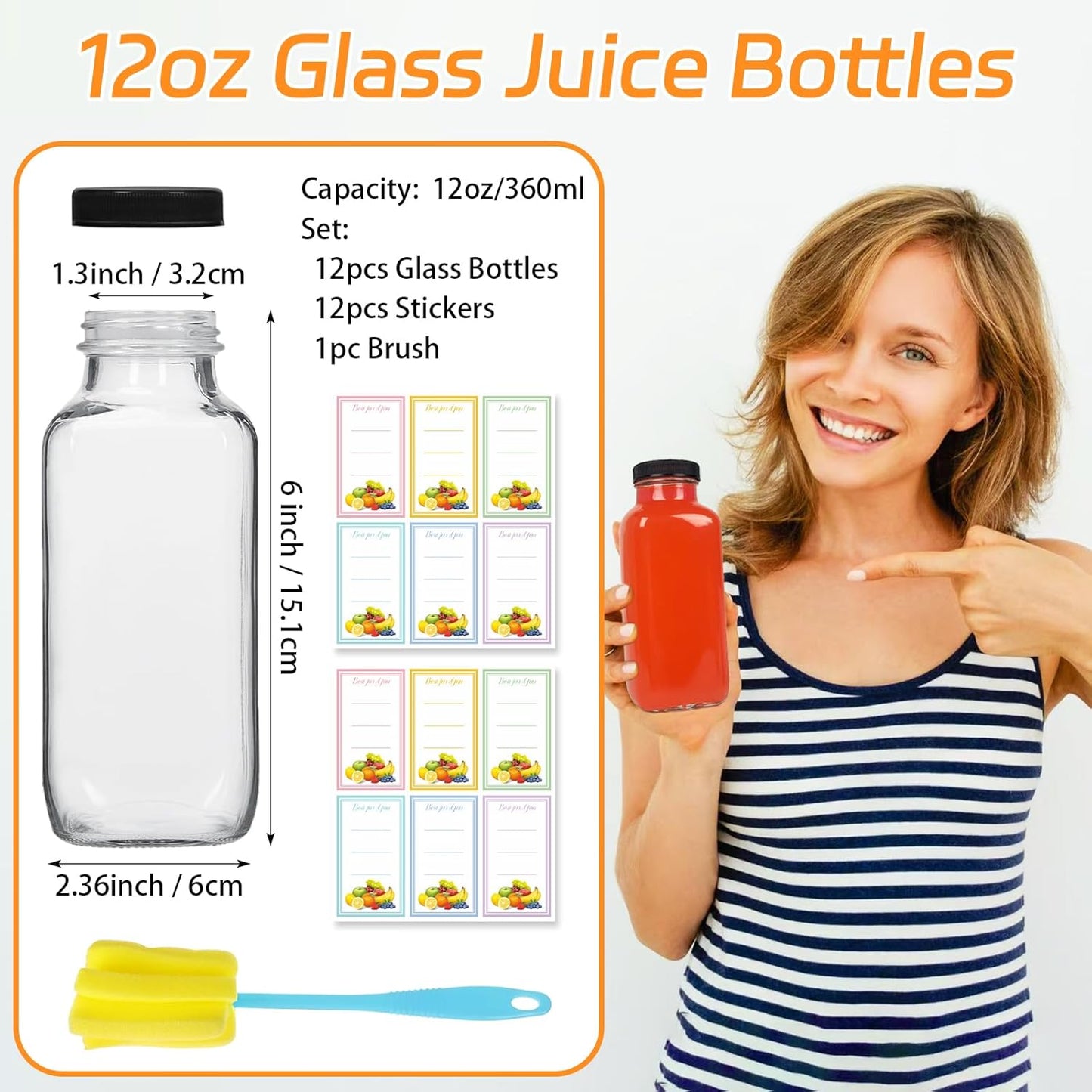 12 Pack 12oz Glass Drink Bottles with Lids, 360ml Vintage Glass Water Bottles with Caps, Reusable Juice Containers Drinking Jars for Juicing, Milk, Ginger, Kombucha, Beverages