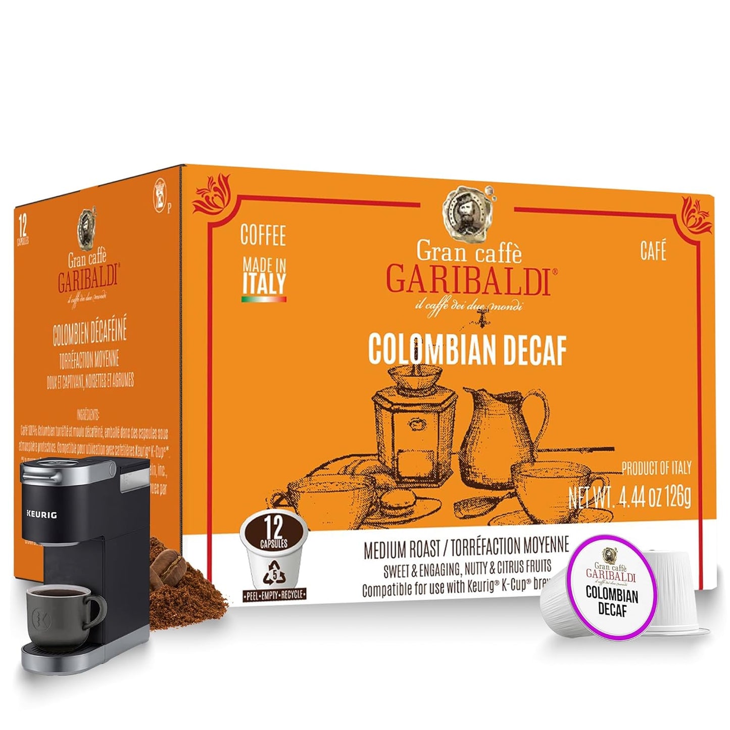 Caffè Garibaldi Colombian Decaf Coffee Pods, Single-Serve Capsules for Keurig K-Cup Brewers, Single Serve Cups with 100% Arabica Blend for Coffee Makers, 12 Count Recyclable Pods - Medium Roast