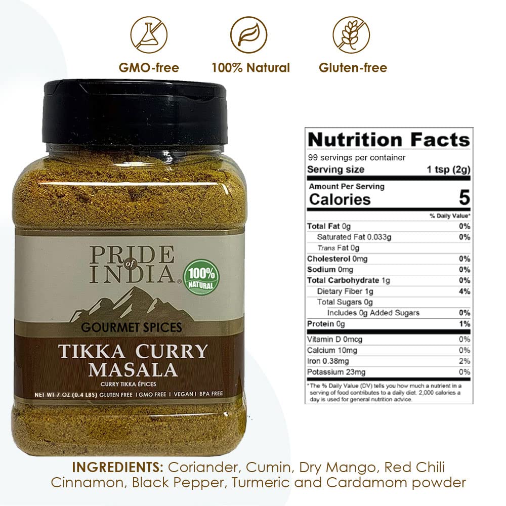Pride of India – Tikka Curry Masala Seasoning Spice – Gourmet Curry Mix – Ideal for Vegetarian and Meat Dishes – Natural & GMO Free – Easy To Use - 7 oz. Medium Dual Sifter Jar