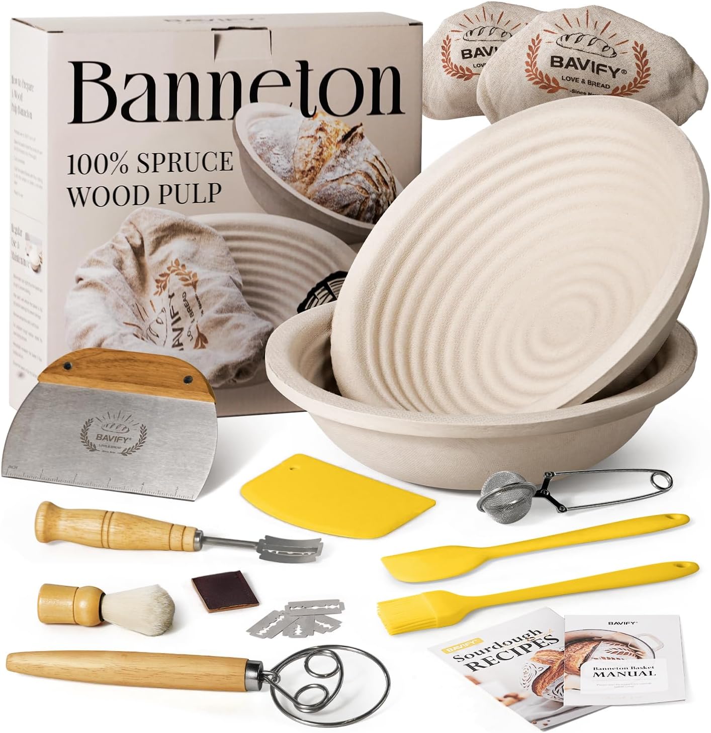 Wood Pulp Banneton Bread Proofing Basket Set, 9" 2.2LB Round Sourdough Banneton Basket Kit, Sourdough Bread Making Tool Baking Supplies with Proofing Bowl, Cover, Dough Whisk, Lame, Scraper