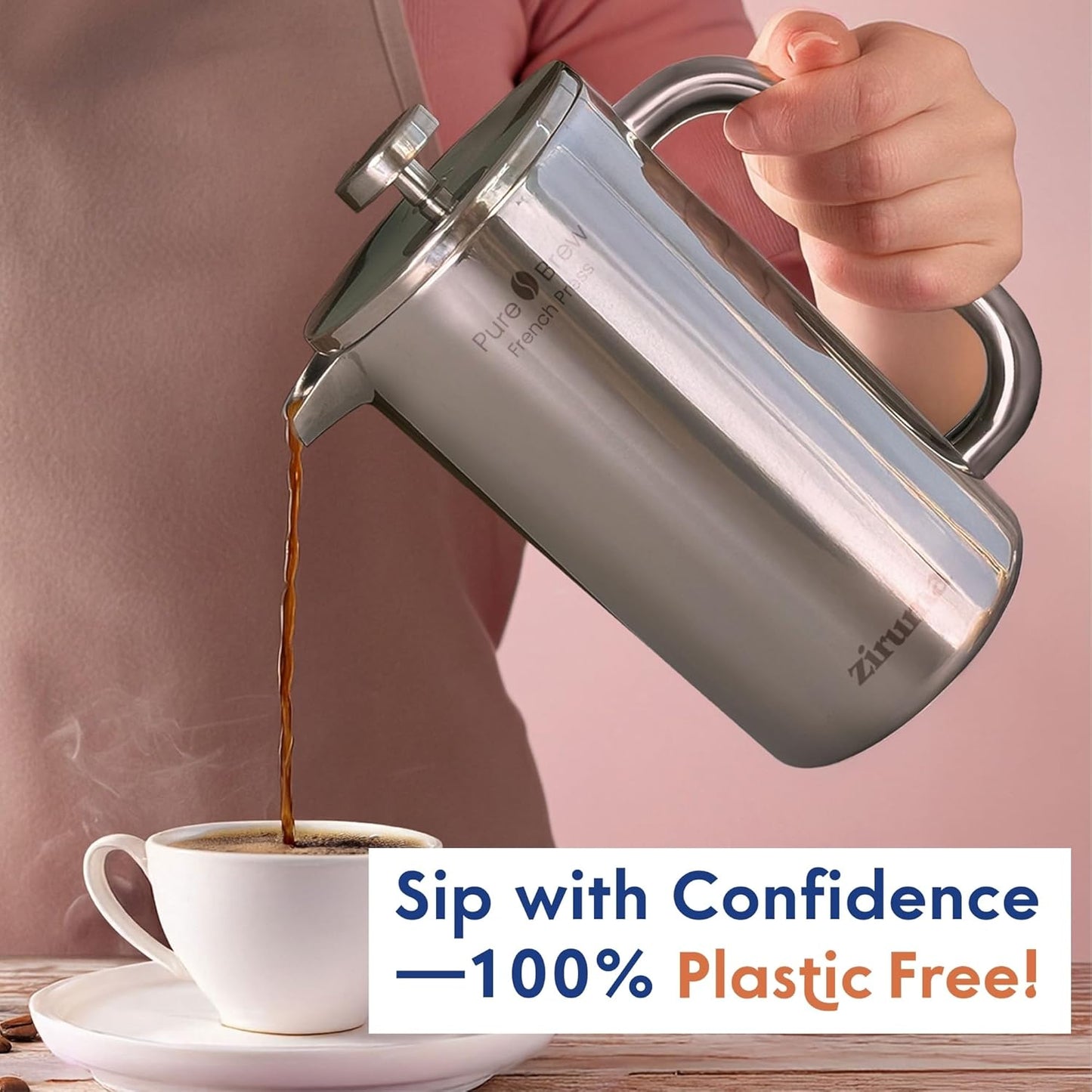 Ziruma Non-Toxic French Press, Surgical Stainless Steel Coffee Press, Plastic-Free, Heavy Metal-Free, No Endocrine Disruptors, 34 Oz, Double Wall, 4-Layer Filter, Portable Coffee Maker