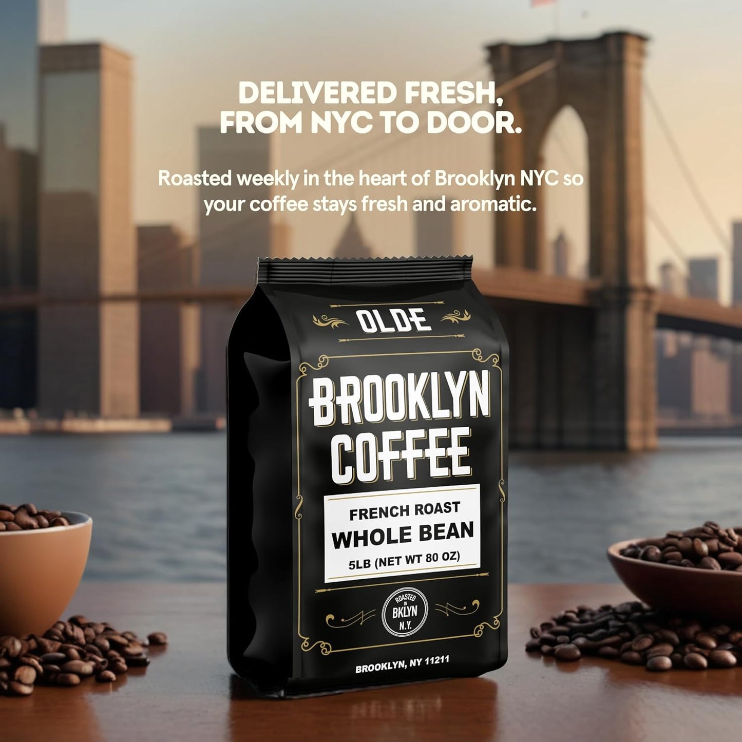 BROOKLYN COFFEE Whole Bean, French Dark Roast (5lb) Silky Smooth, Bold, Balanced - Fresh Bulk Coffee Beans Roasted Weekly in NYC
