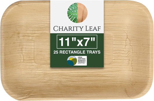 Charity Leaf Eco-Friendly Palm Leaf Trays - 11"x7" (25-Pack) | Bamboo-Style, Disposable Serving Platters | Perfect for Weddings & Events | Green & Compostable Dinnerware