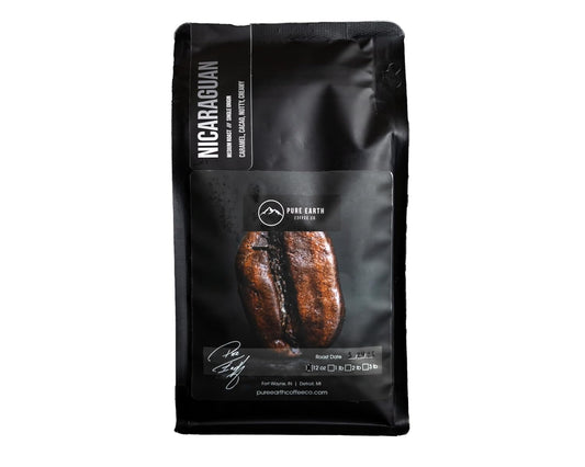 PURE EARTH COFFEE CO. Whole Bean Coffee, Nicaragua Single-Origin Beans, Medium Roast, Low Acid Gourmet Specialty Grade Coffee, Caramel, Chocolate, Nutty Flavor Notes 12oz