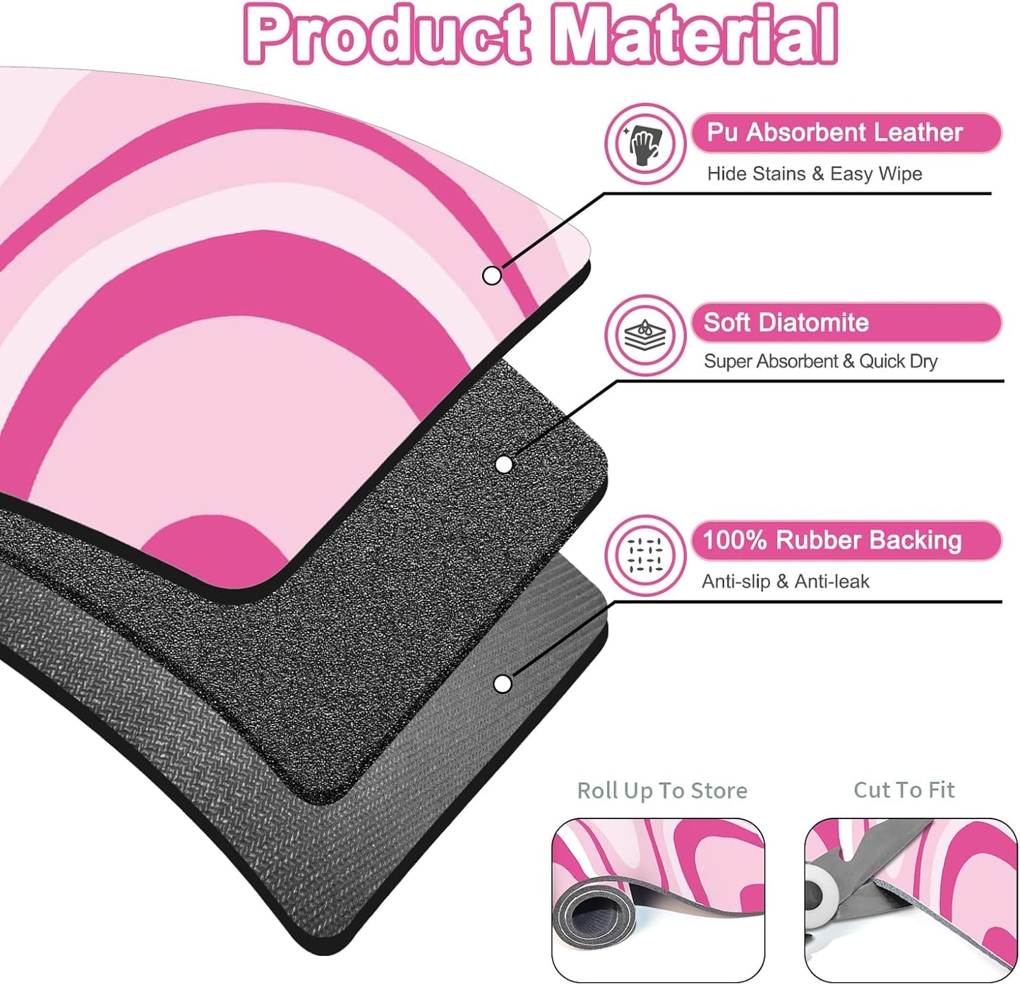 Dish Drying Mat for Kitchen Counter, 12" X 20" Absorbent Coffee Bar Mat Rubber Backing, Easy to Clean Kitchen Drying Matt for Dishes, Utensils, Countertops, Pink Abstract