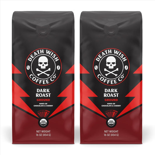 Death Wish Coffee Dark Roast Grounds -16 Oz, 2 Packs of Bold & Intense Blend of Arabica & Robusta Beans - USDA Organic Ground Coffee - Pack of 2