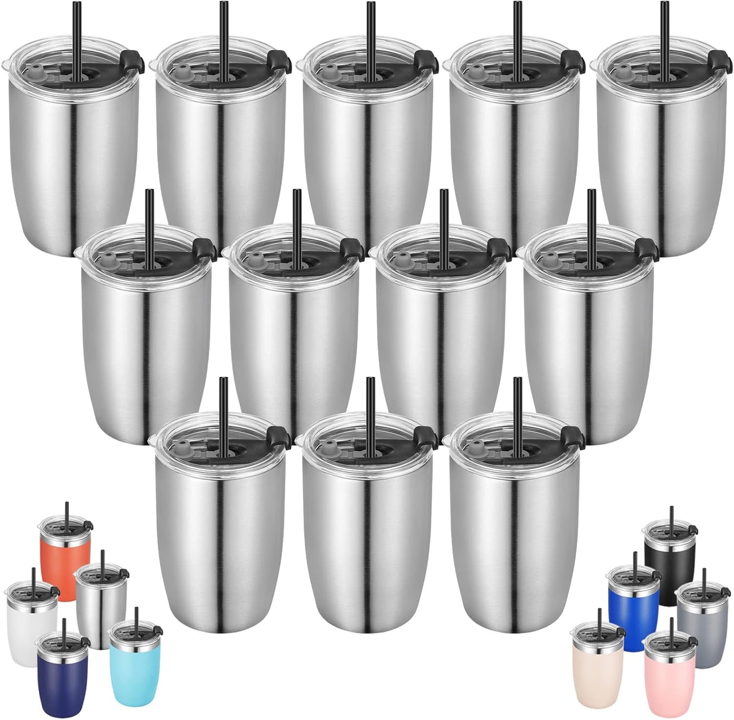VEGOND Stainless Steel 12 oz Tumblers bulk Vacuum Insulated Double Wall Travel Tumbler with Lid and Straw Reusable Tumbler,Stainless 12 pack