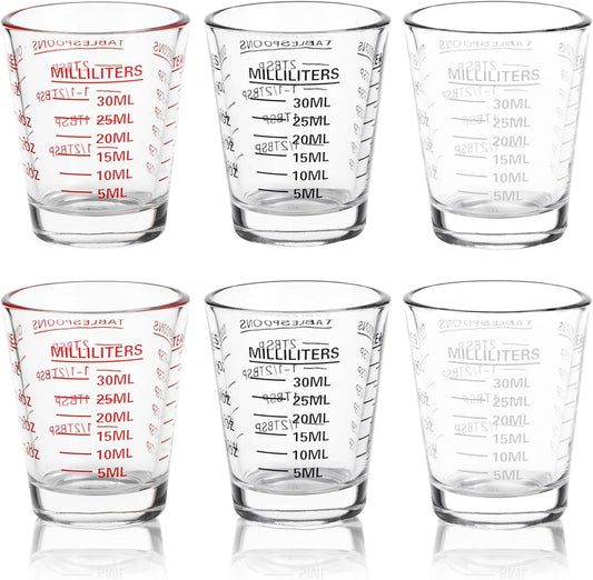 Shot Glasses Measuring Cup Set 6 Pack Espresso Shot Glasses Liquid Heavy Glass 26-Incremental Measurement 1 OZ, 2 TBS, 6 TSP, 30 ML Kitchen Tools