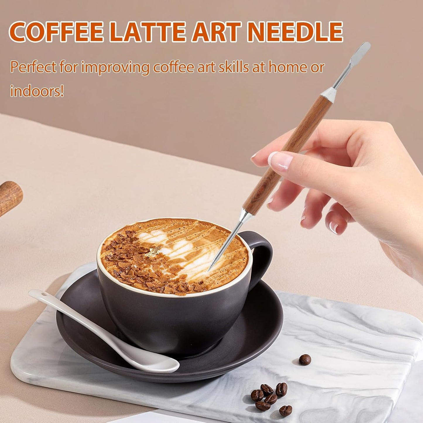 2 Pcs Latte Art Tools, Stainless Steel Coffee Pen with Wood Handle, Double-Ended Design for Precise Latte Cappuccino Macchiato Espresso Art, Suitable for Home and Cafe Barista Use