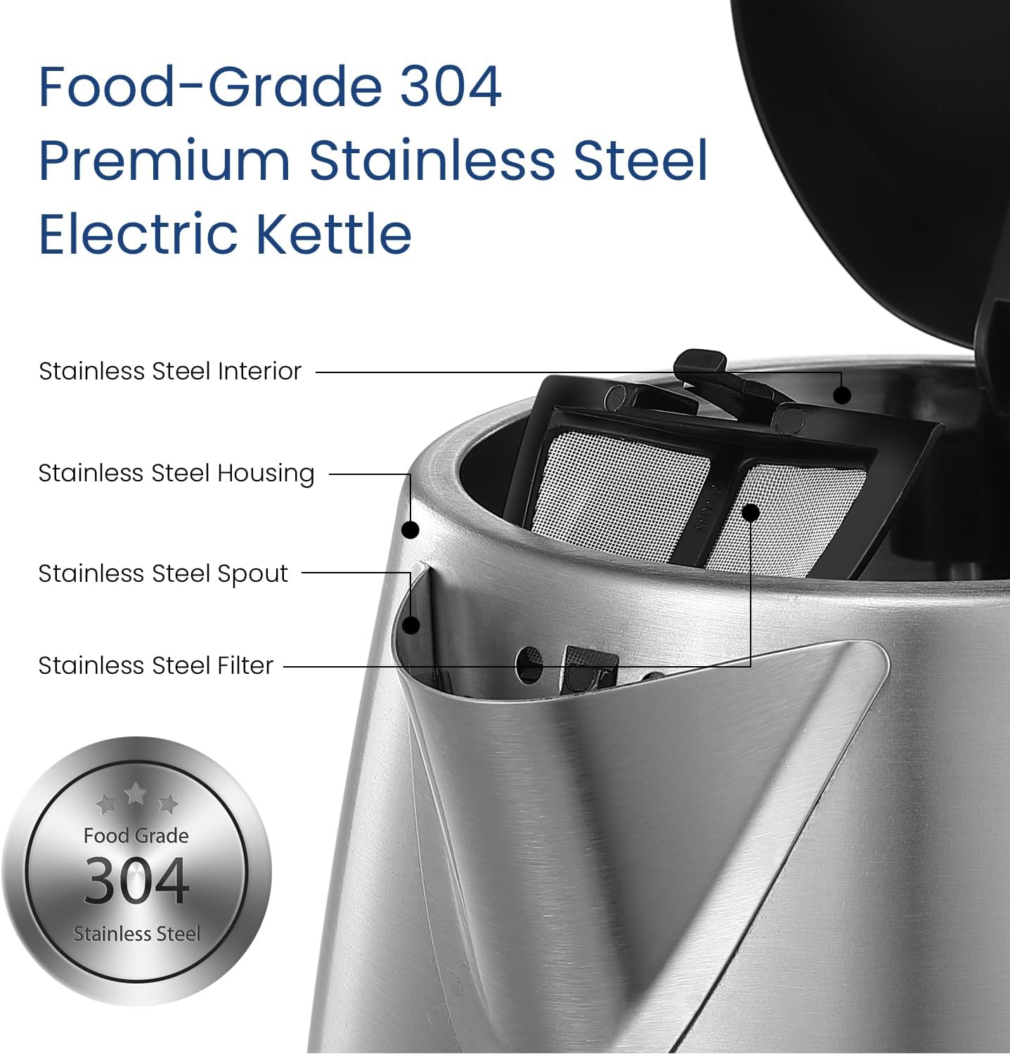 COMFEE' Stainless Steel Electric Kettle, 1.7 Liter Tea Kettle Electric & Hot Water Kettle, 1500W Fast Boil with LED Light, Auto Shut-Off and Boil-Dry Protection