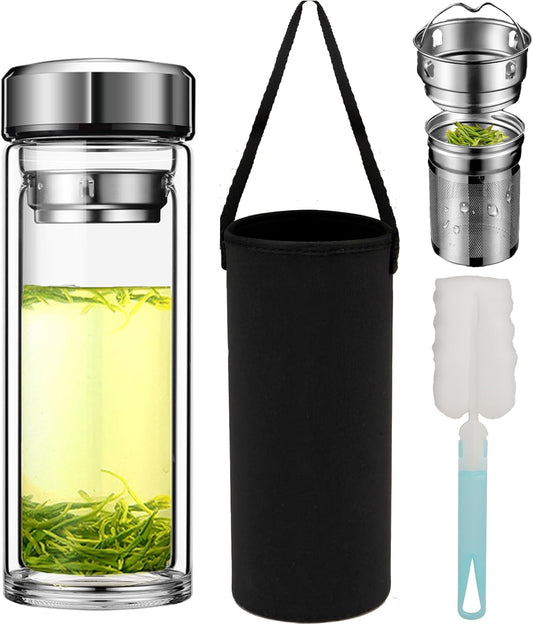 17oz Tea Tumbler with Infuser, 500ml Double Wall Borosilicate Glass Tea Bottle 100% Leak-Proof with 2 in 1 Stainless Steel Filter