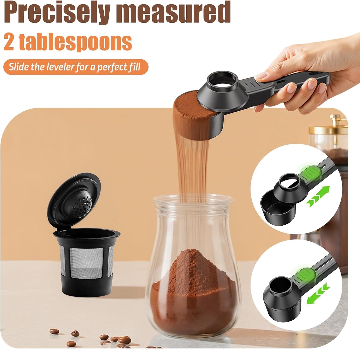 CAPMESSO Coffee Scoop & Funnel for Reusable K Cup Refillable Coffee Pods: 2 Tablespoon Coffee Measuring Scoop - Easy Slide Scoop for Ground Coffee, Protein Powder, Tea without Spilling (2 Pack)
