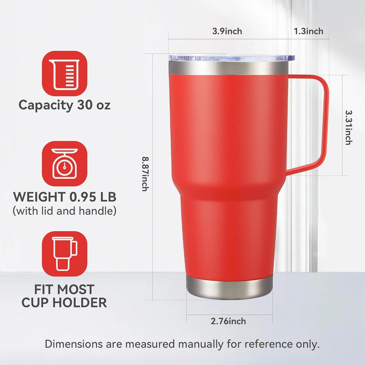 30 oz Tumbler with Handle and Lid, Stainless Steel Tumblers Double Wall Vacuum Insulated Travel Mug Leak Proof Cup Keep Drinks Cold and Hot Red, 1 Pack