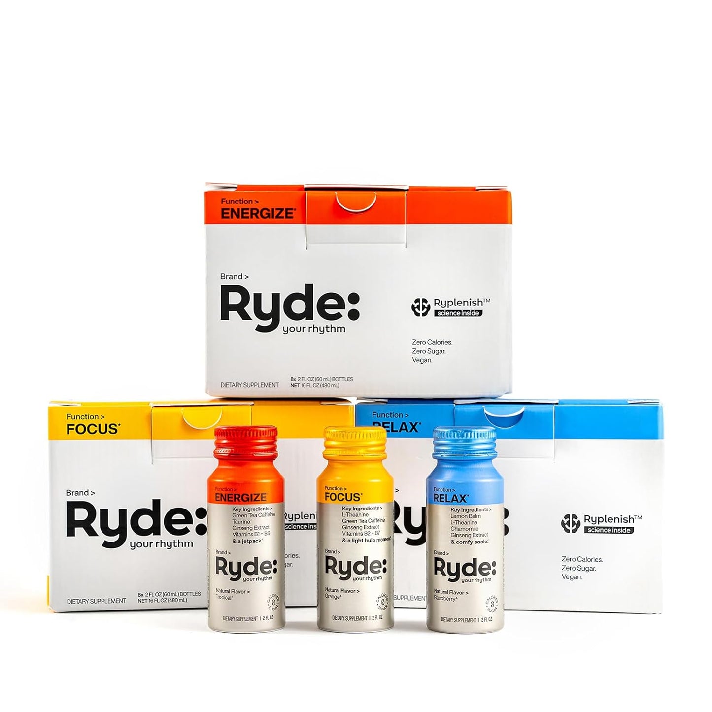 Ryde: Discovery Pack | Energize, Focus & Relax Shots | Green Tea Caffeine, Taurine, Ginseng, B Vitamins, L-Theanine, Lemon Balm, Chamomile | 0 Calories, 0 Sugar | Variety Pack – Try Them All (24 Pack)