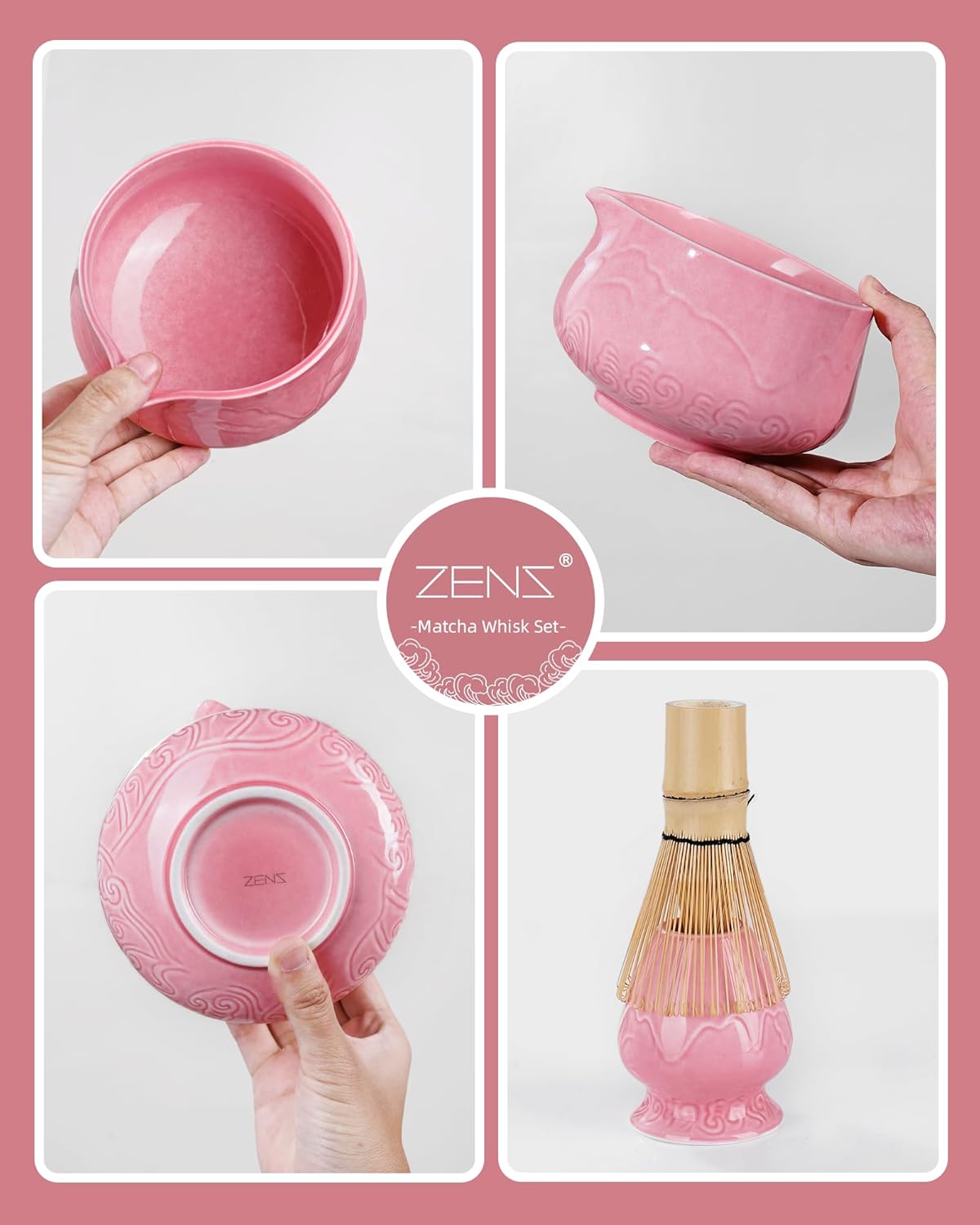 ZENS Pink Matcha Set, Matcha Whisk Set Includes 15oz Ceramic Bowl & (Chasen Holder), Bamboo Whisk & Scoop, Sifter and Pink Tea Towel, 6pcs Matcha Kit for Matcha Lovers