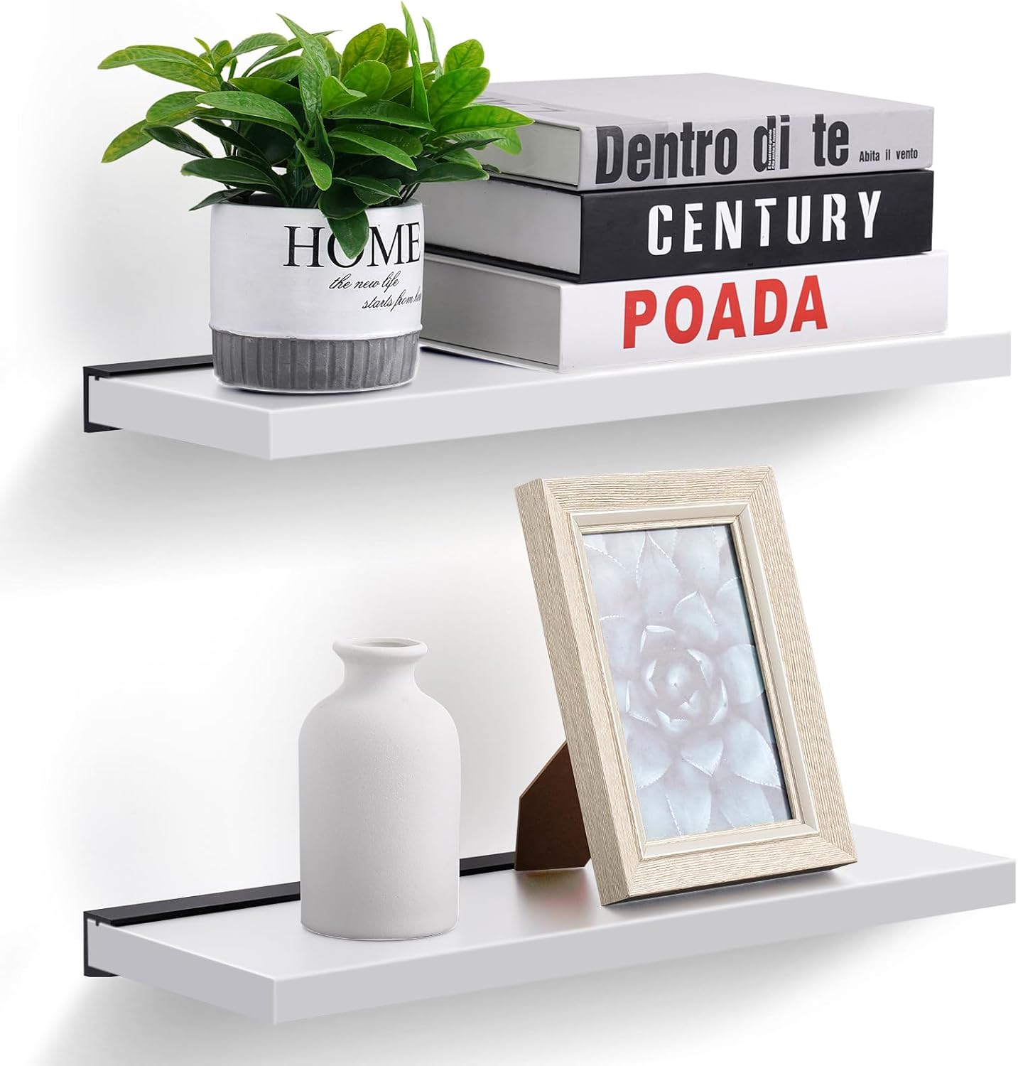 Meangood Floating Shelves White 17 inch Wall Mounted Natural Bamboo Wood Wall Storage Shelves for Bedroom,Living Room,Bathroom, Kitchen（Set of 2）