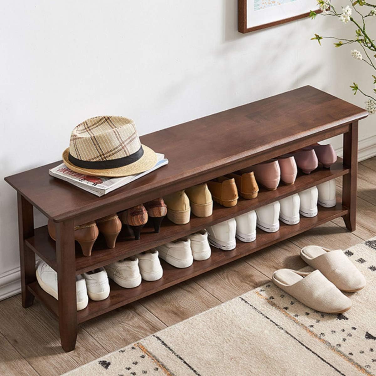 XKZG Storage Bench Wooden Shoe Rack Bench Rustic Solid Wood Entryway Bench (Brown,47.2")