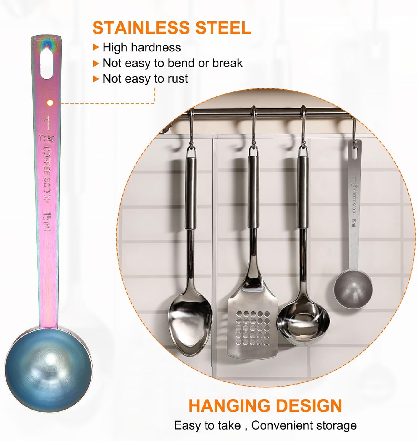 HARFINGTON 3pcs Coffee Scoop Spoon 1tbsp (3tsp, 15ml) 304 Stainless Steel Long Handle Teaspoon/Tablespoon Measuring Spoons Scoops for Tea Sugar Kitchen, Multicolor