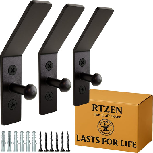 RTZEN Wall Mount Hook Set - Wrought Iron Decorative Rustic Metal Coat Hooks for Hanging - Handcrafted Classic Farmhouse Wall Mounted Black Hooks for Towel Robe or Hat Hanging - 3 Pack