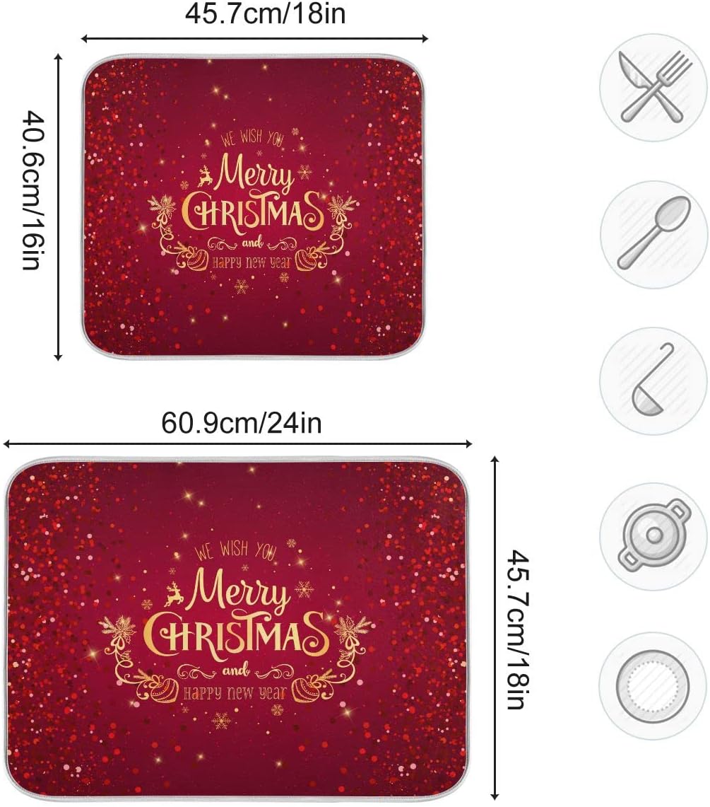 Merry Christmas Drying Mat for Kitchen Counter 16x18 Inch Christmas Dish Mat with Absorbent Reversible Microfiber Christmas Dish Drying Mat Dish Drainer Rack Pad Drainer Mat for Coffee Bar