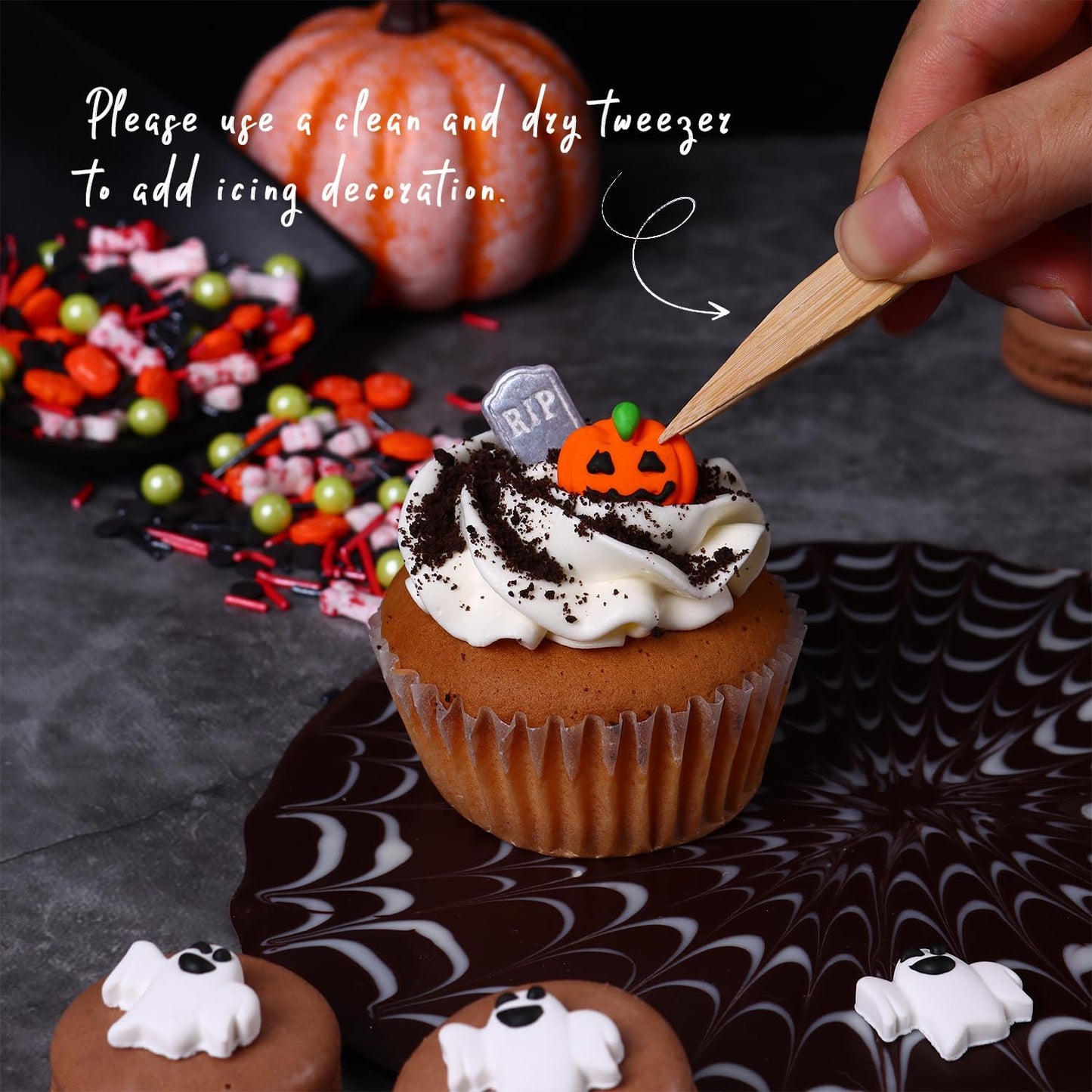 Edible Halloween Cake Decorations, Pumpkin Cupcake Toppers, Ghost Cake Decorations, Edible Knives Cupcake Toppers, Witch Hats for Cake Decorating, Cookies, Cupcakes, Macaron, and Ice Cream