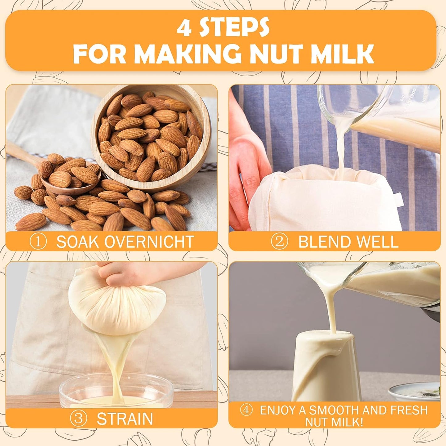 10 Pack Nut Milk Bag, 8‘’ x 10‘’Fine Mesh Grade Reusable Cheesecloth Bags Strainers, Unbleached Organic Cotton Filter Bags for Almond Milk, Juices, ColdBrew, Cheese, Tea, Yogurt, Coffee