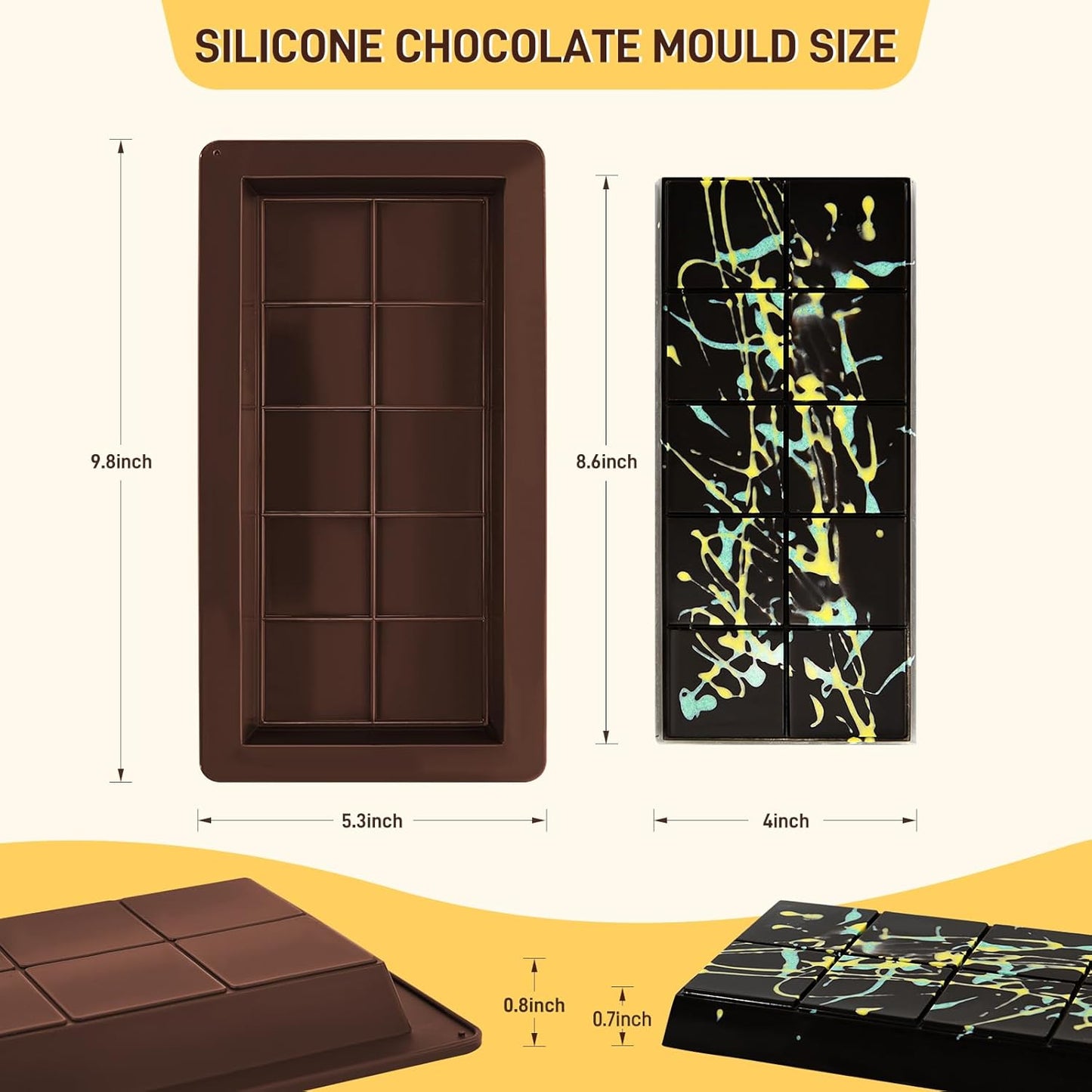 2 Pcs Chocolate Molds Silicone, Deep Chocolate Bar Mold, Non-Stick Food Grade Chocolate Mold for Dubai Chocolate Bar Pistachio, Candy Making - 10 Square Shape