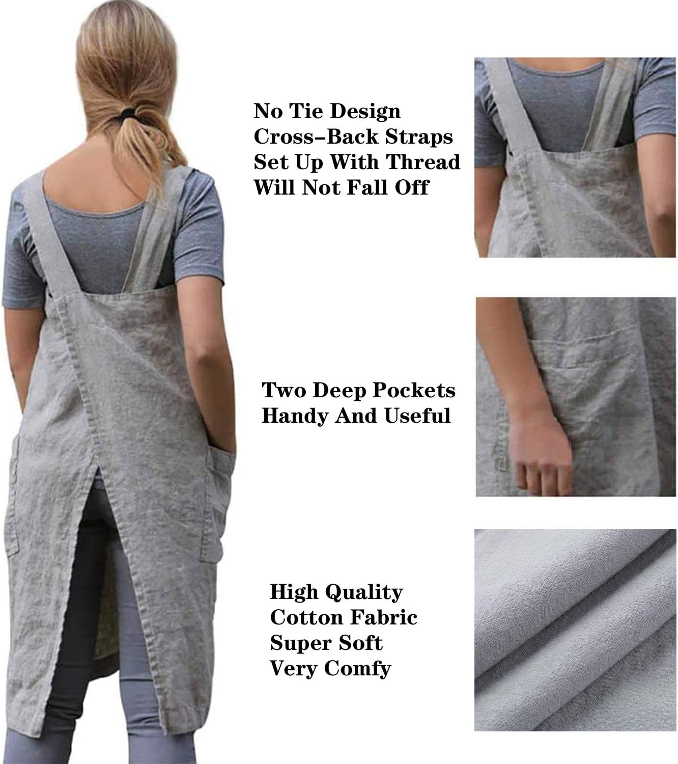 YESDOOD Apron for Womens Cotton Linen Apron Cross Back with Pockets Pinafore Dress for Baking Cooking