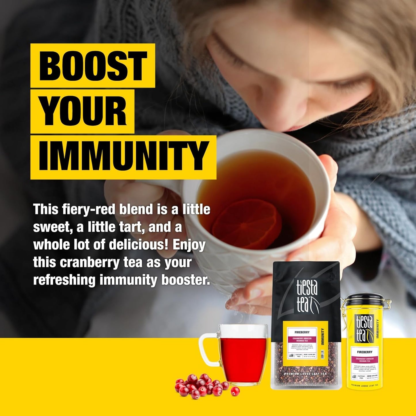 Tiesta Tea - Fireberry Cranberry Hibiscus Loose Leaf Tea, Premium Caffeine-Free Rooibos Blend, Brew Hot or Iced, Makes Up to 250 Cups, 16oz Bulk Pouch & 5oz Refillable Tin Set