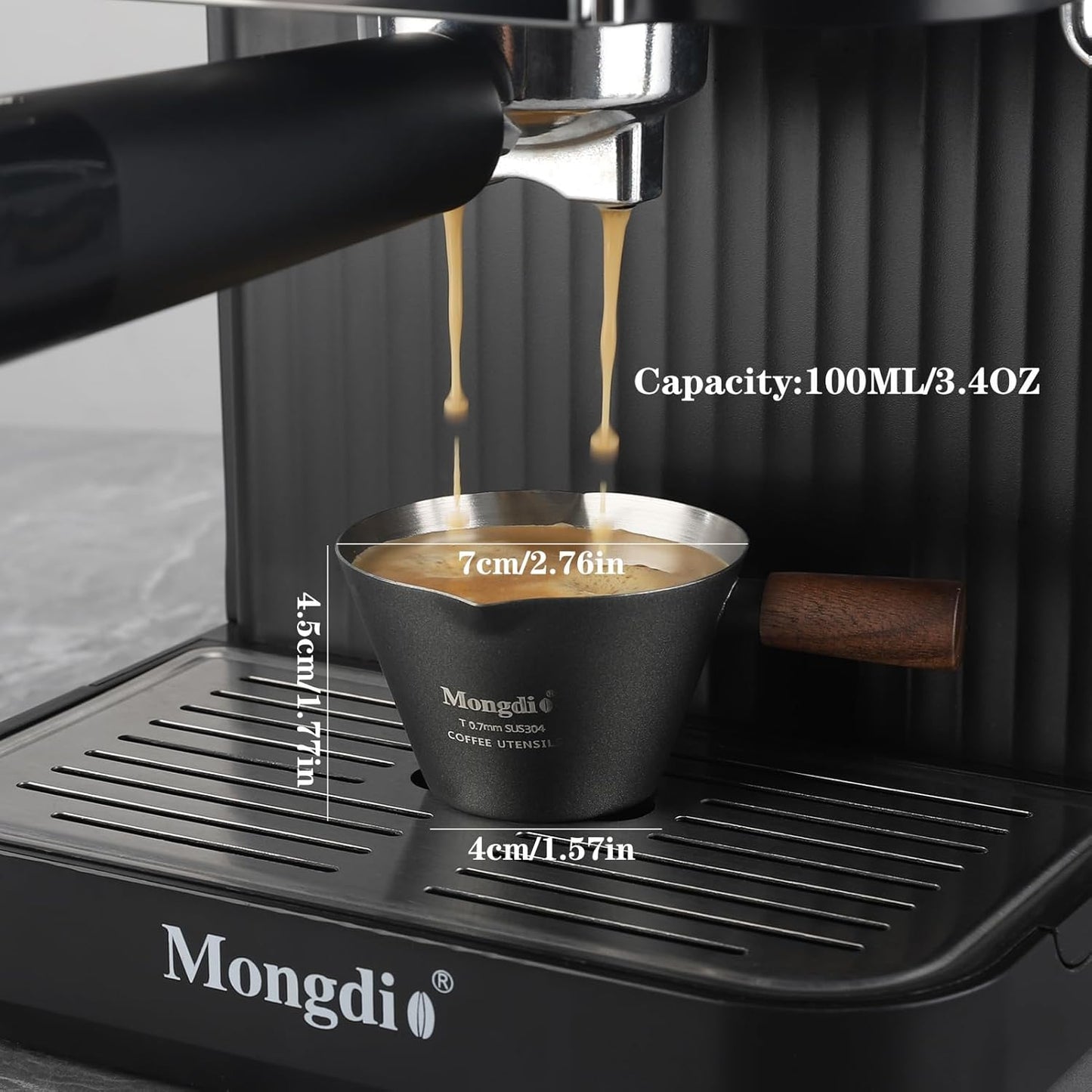 Mongdio Espresso Measuring Cup, Stainless Steel Espresso Shot Cups with Wooden Handle and Double Spouts, 3.4OZ/100ML, Black