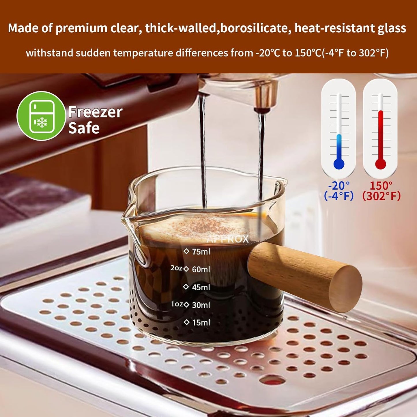 YARRAMATE 3.4oz Espresso Cups with Wood Handle, Clear Glass Espresso Accessories, Double Spout Measuring Cup with Dual Scale, Espresso Shot Glass with V-Shaped Spout