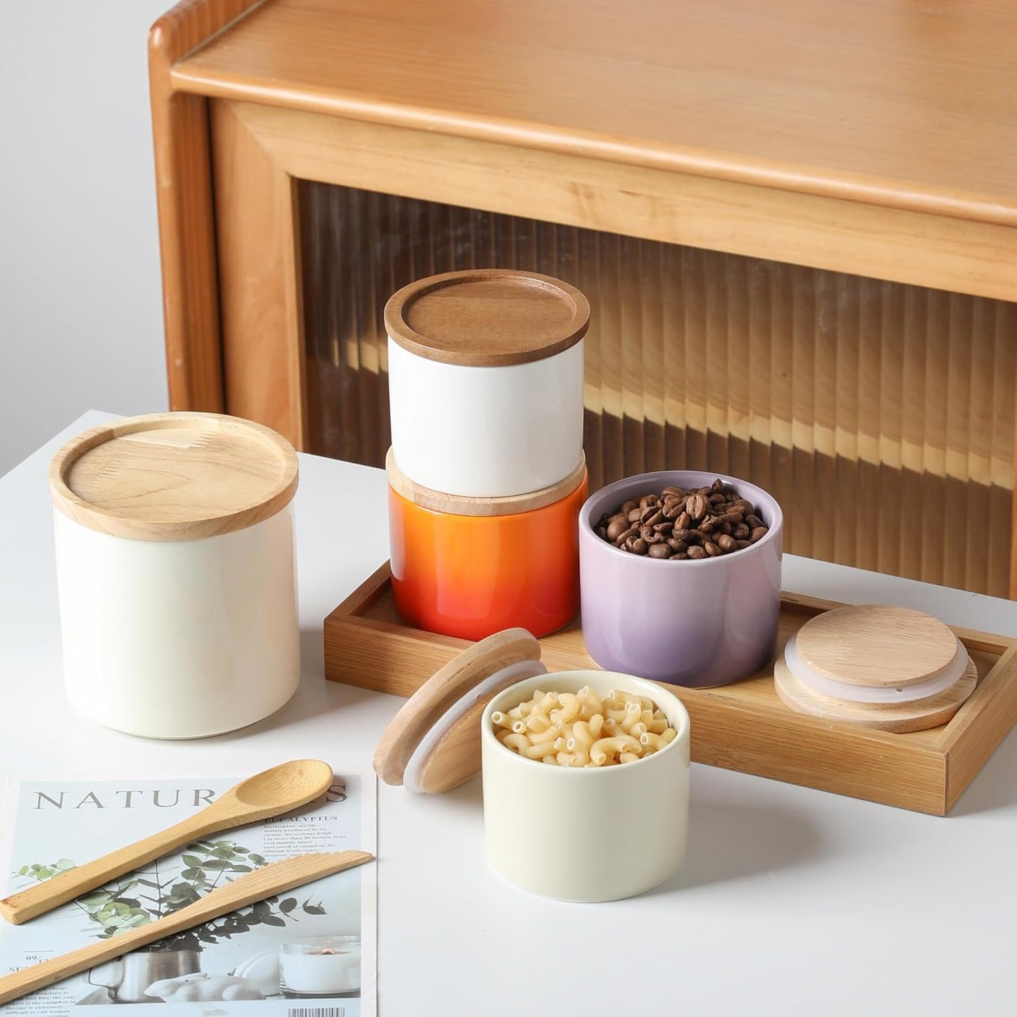 Sweejar Kitchen Canisters Ceramic Food Storage Jar, Stackable Containers with Airtight Seal Wooden Lid for Serving Ground Coffee, Tea, Sugar, Spice and More - 5 Fl Oz(Gradient Orange)