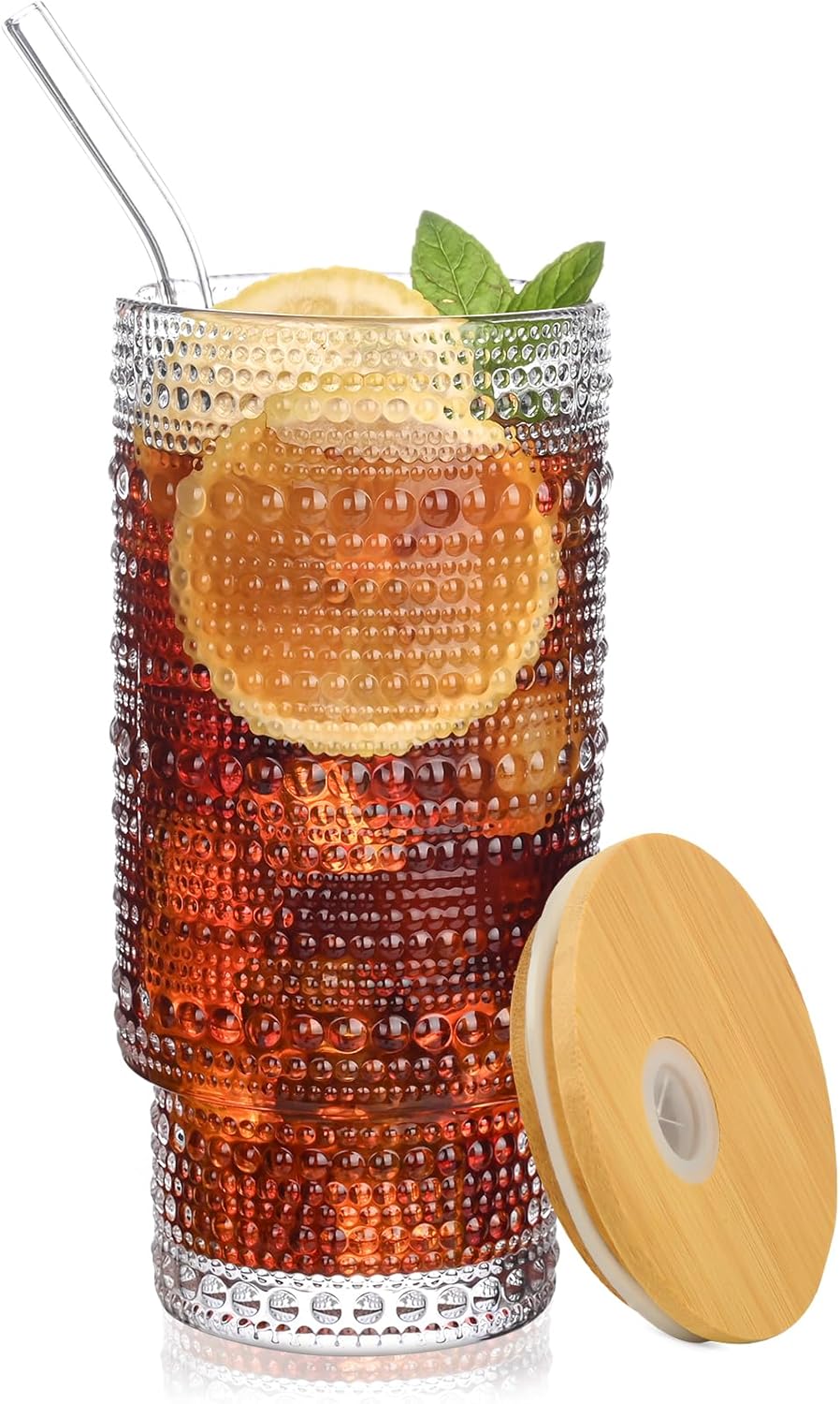 16OZ Glass Tumbler with Straw and Lid,Glass Cups with Lids and Straws,Ribbed Iced Coffee Cups Vintage Embossed Glassware for Juice Whiskey Cocktail Beer(1Pack)