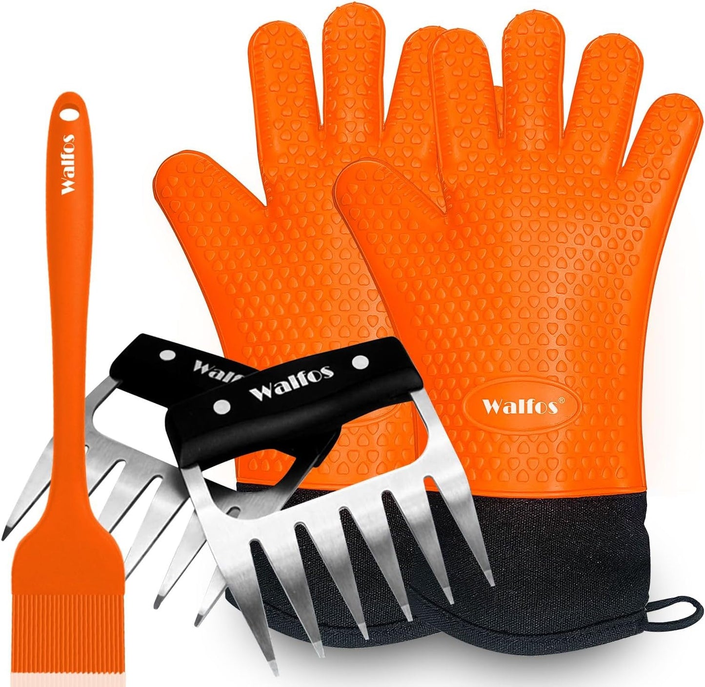Walfos Silicone BBQ Gloves - Heat Resistant Grilling Gloves Set with Pork Shredder Claws & Brush, Non-Slip Kitchen Silicone Oven Mitt with Protective Cotton Layer, Suit for Indoor & Outdoor, Orange