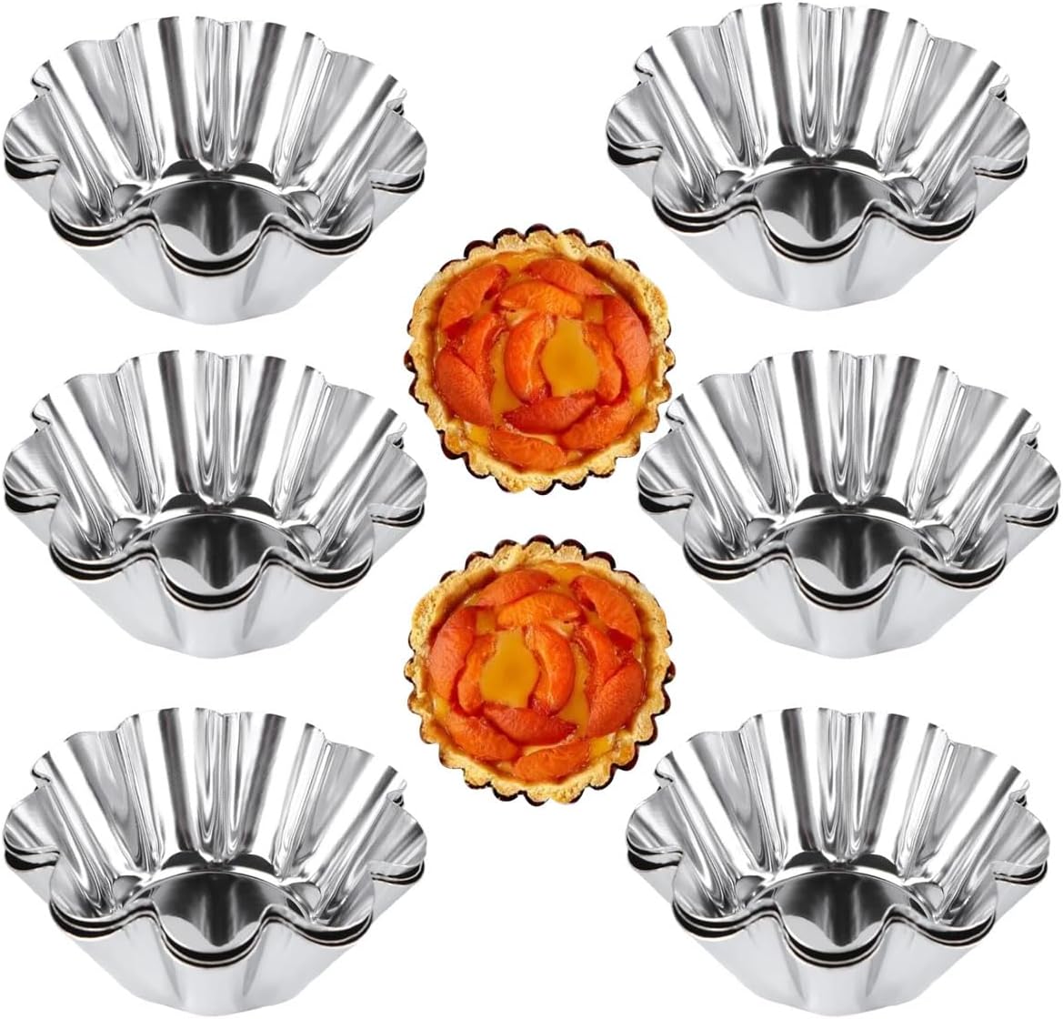 12 Pcs Stainless Steel Tart Pans - Non-Stick Flower Cookie Cutters Mold for Baking - Flower and Round Muffin Cups - Cupcake Mold for Kitchen