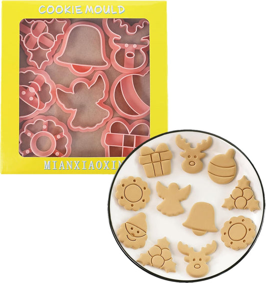 8Pcs Christmas Cookie Cutters, 3D Cookie Cutter Set, Snowman Deer Gift Cutters Cake Baking Fondant Embosser Stamps Christmas Party DIY Cake Decorating Tools