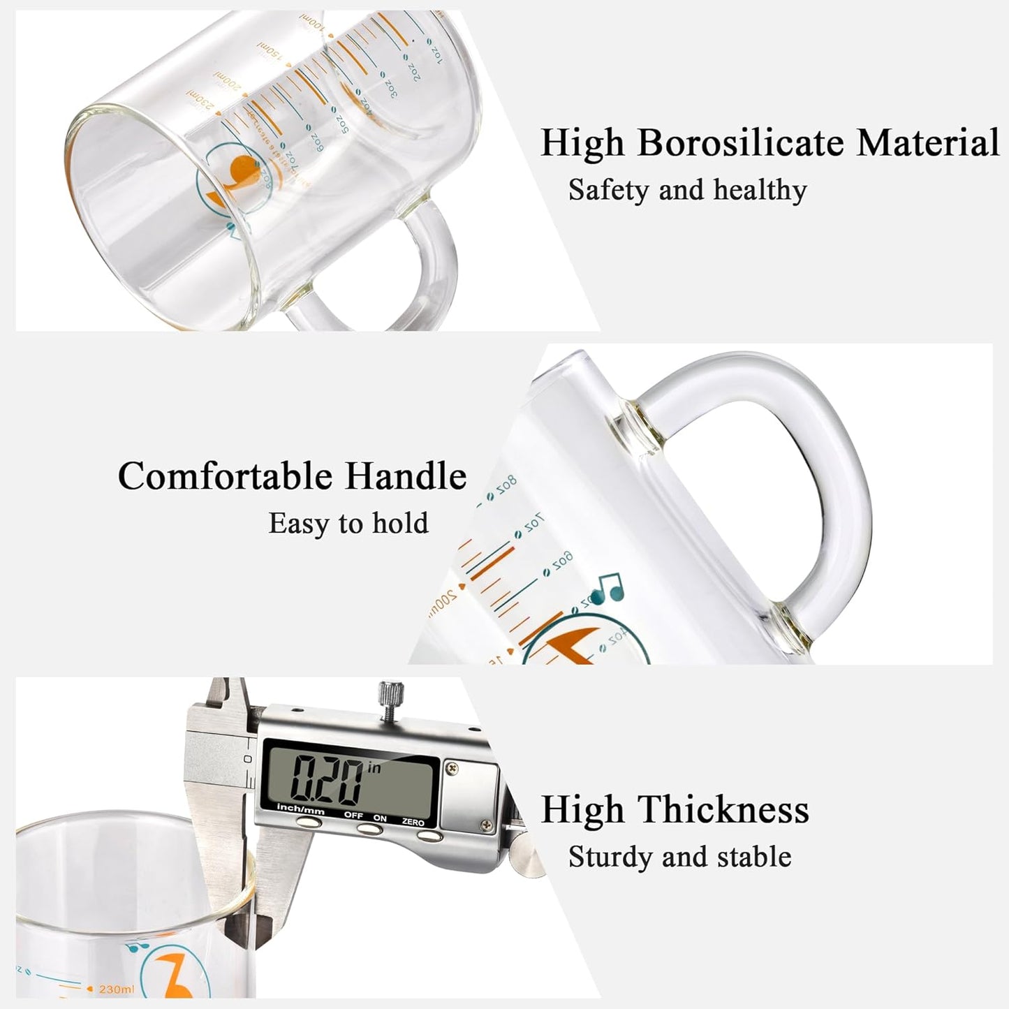 8 Oz Glass Measuring Cup, Espresso Shot Glasses, Clear Coffee Mugs for Hot or Cold Drinks With Handle, Microwave Safe Graduated High Borosilicate Cup (Black)