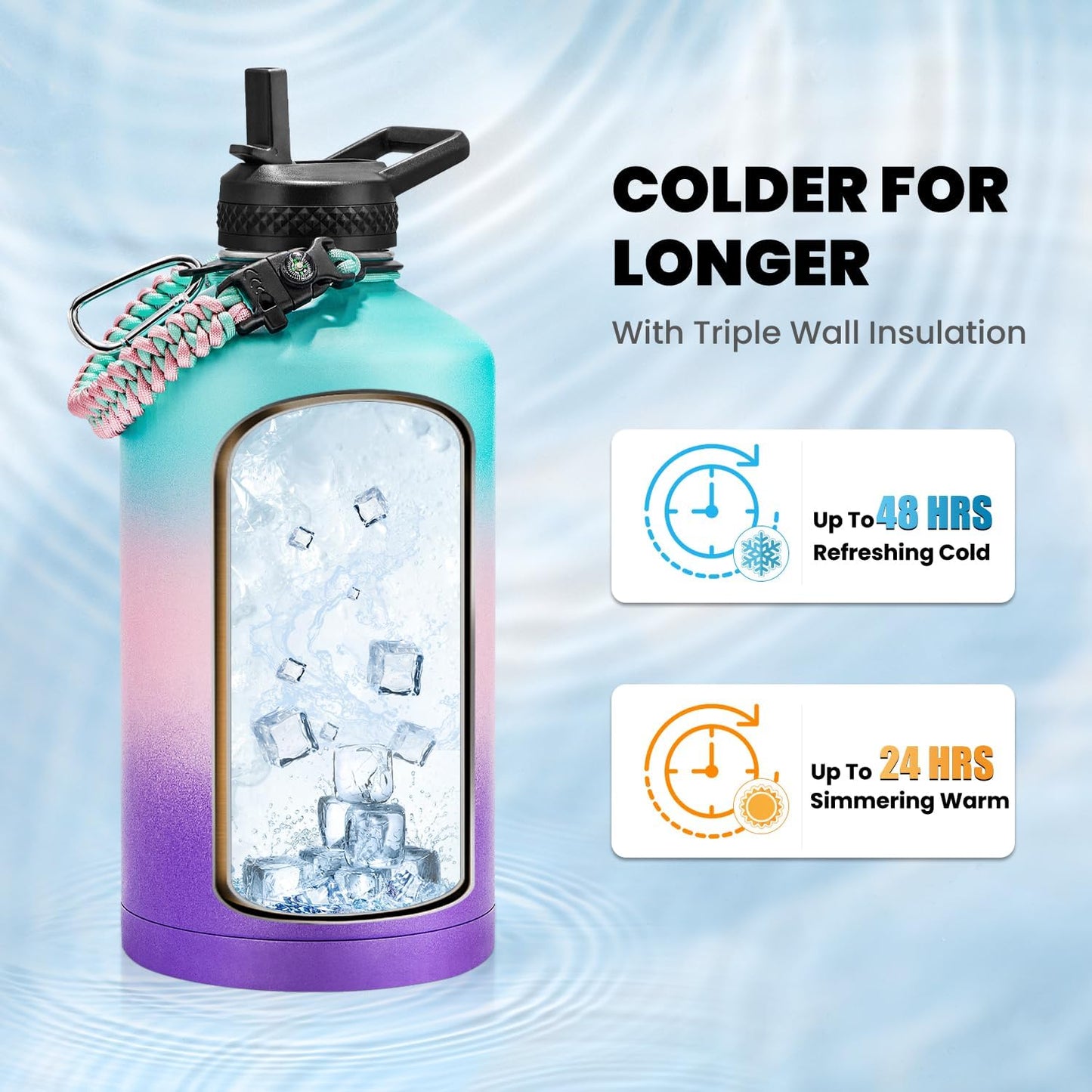 One Gallon Water Bottle Insulated, Triple Walled Vacuum Stainless Steel (Cold for 48 Hrs), Leak Proof & Non-BPA, Large Water Flask Jug with Paracord Handle & Straw Spout Lids