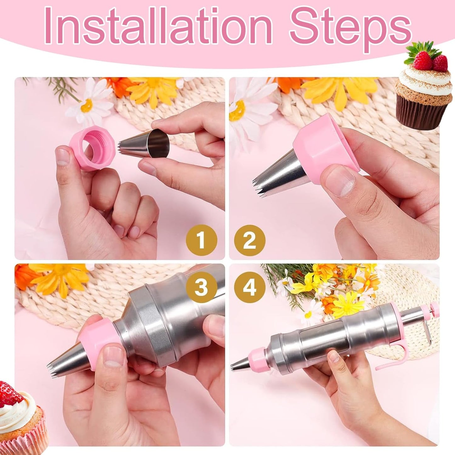 Cake Decorating Kit with 6 Stainless Steel Icing Nozzles, Reusable Piping Gun & Tips Set – Professional Frosting Tools for Cupcakes, Cookies, Cakes, Desserts – Baking Supplies for Beginners & Bakers