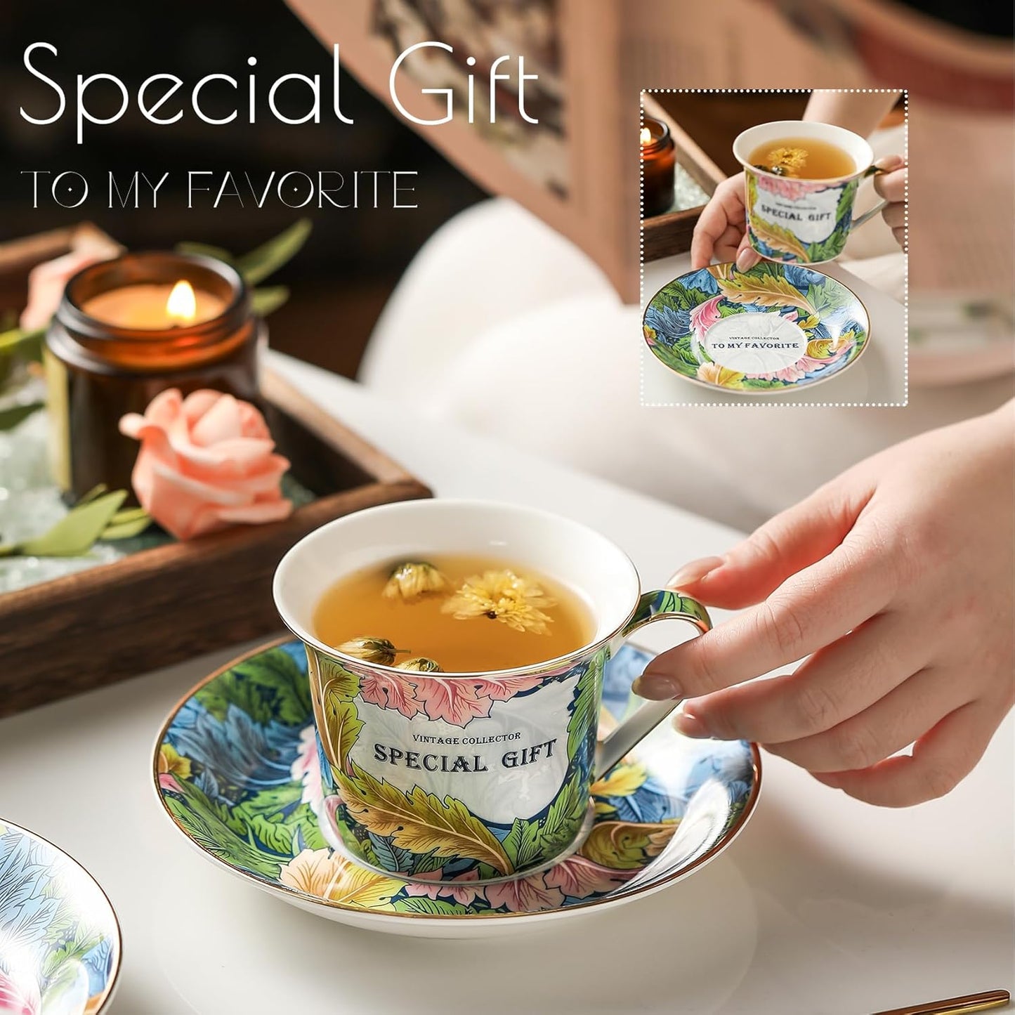 ACMLIFE Tea Cup and Saucer Set for 1, Vintage Floral Bone China Tea Cup Set with Saucer 24K Gold, Porcelain Tea Cup with Spoon and Gift Box, 6.8 oz (Green)